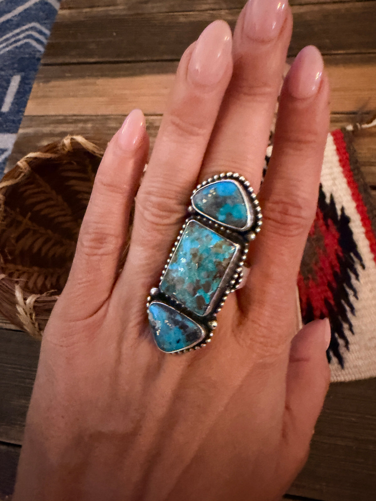 Handcrafted Morenci Turquoise & Sterling Silver Ring Size 10