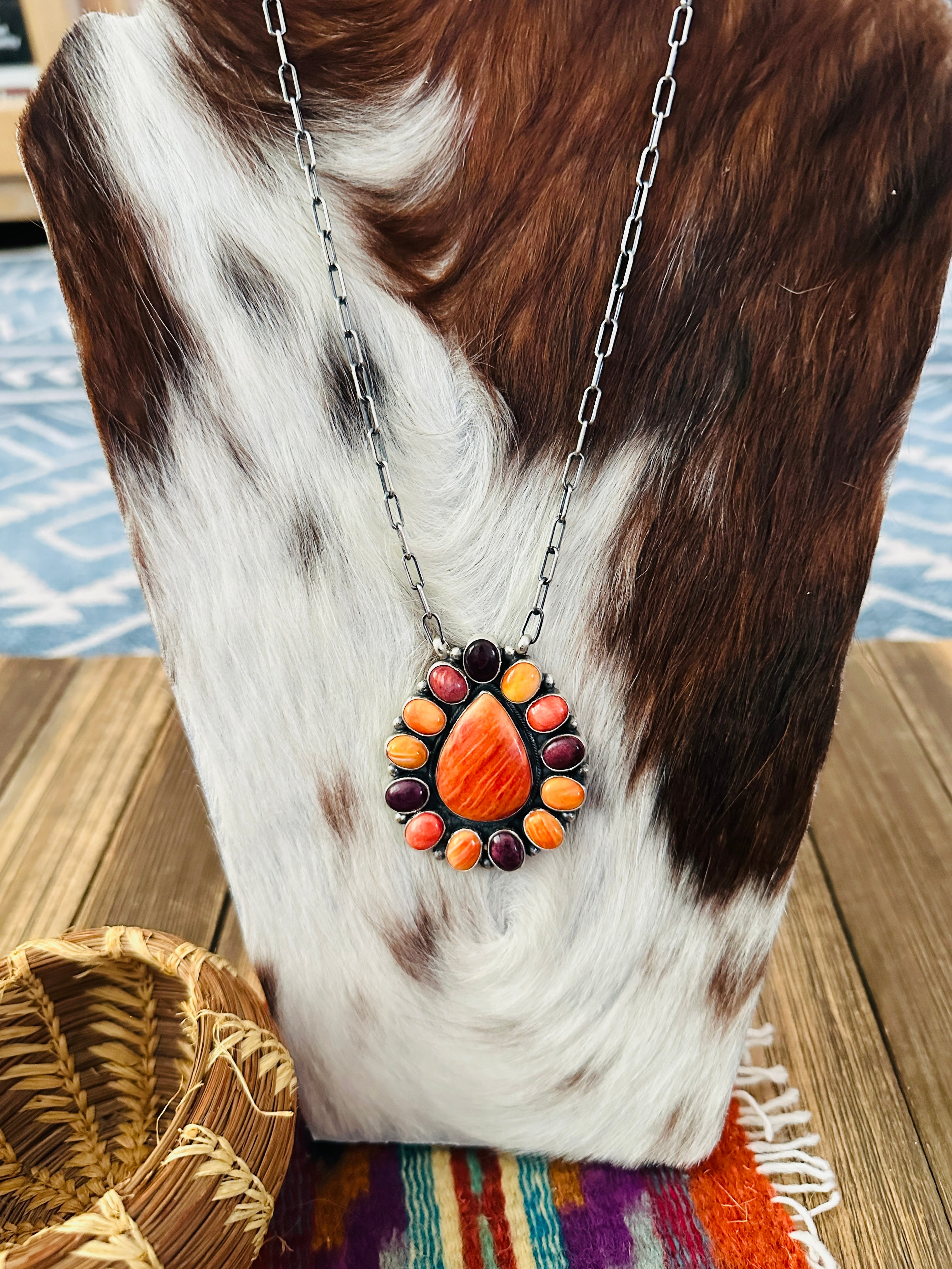 Handcrafted Multicolor Spiny Oyster & Sterling Silver Cluster Necklace by Sheila Becenti