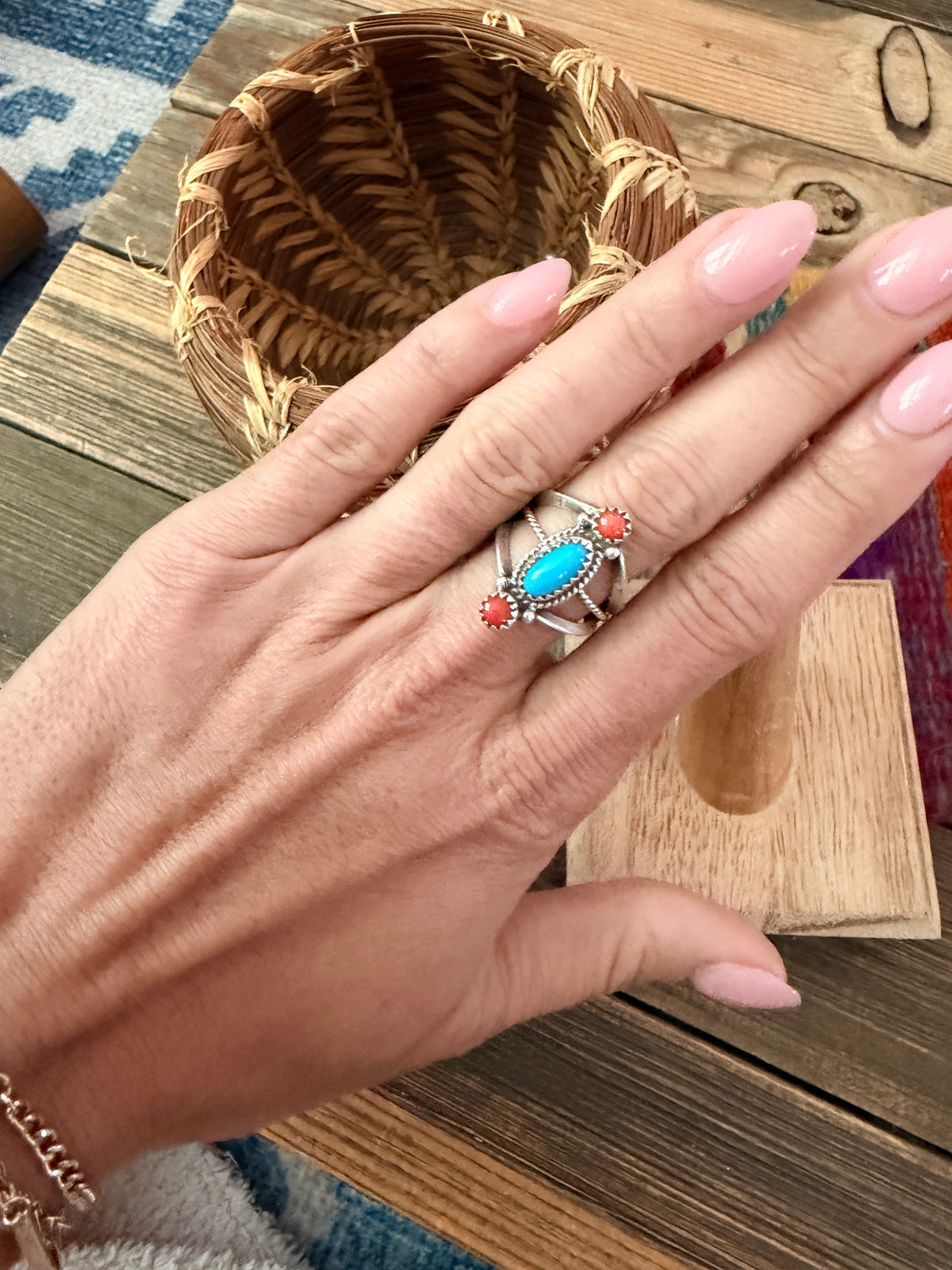 Old Pawn Handcrafted Turquoise, Coral & Sterling Silver Ring Size 6