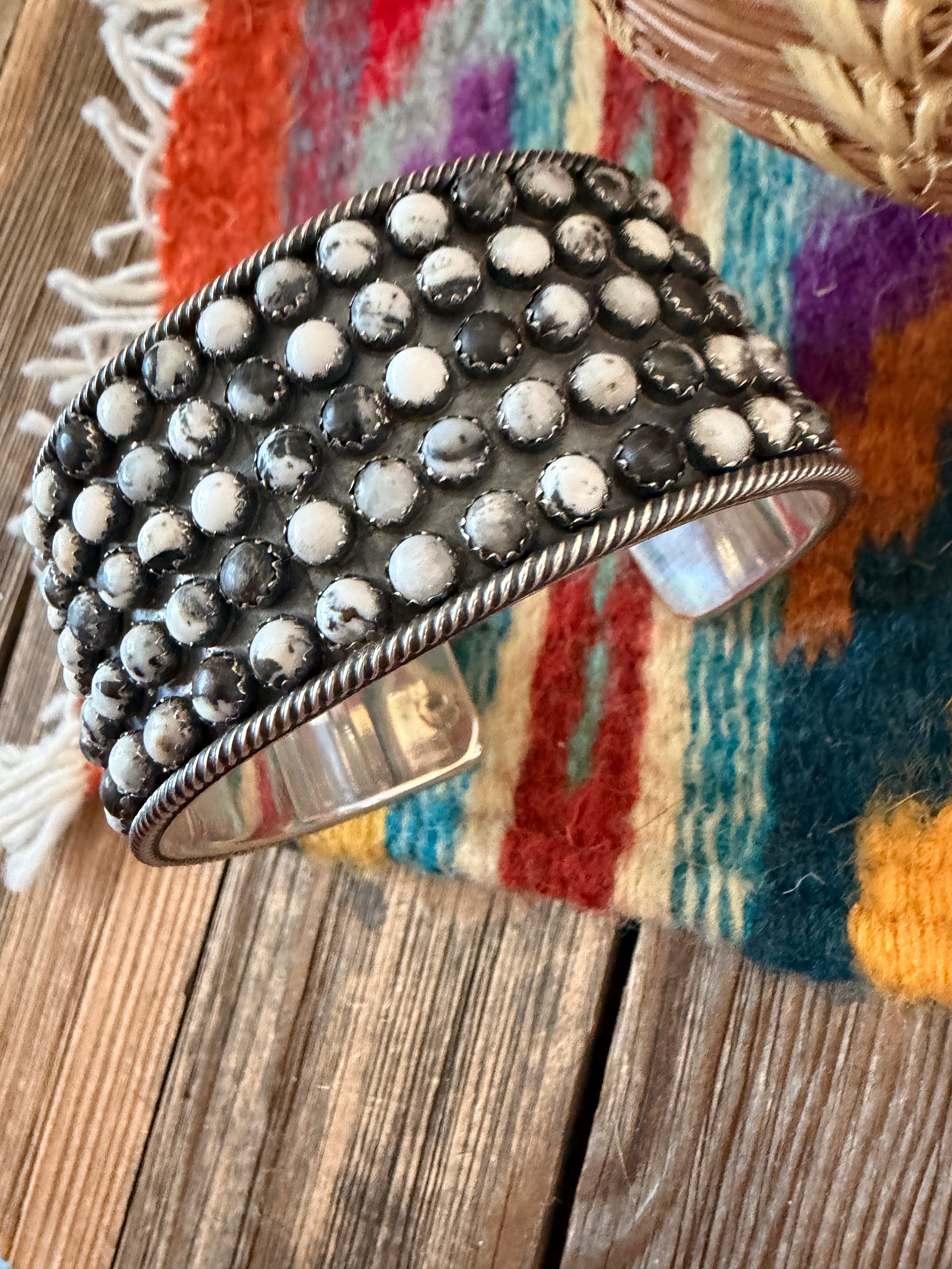 Handcrafted White Buffalo & Sterling Silver Cluster Cuff Bracelet by Paul Livingston