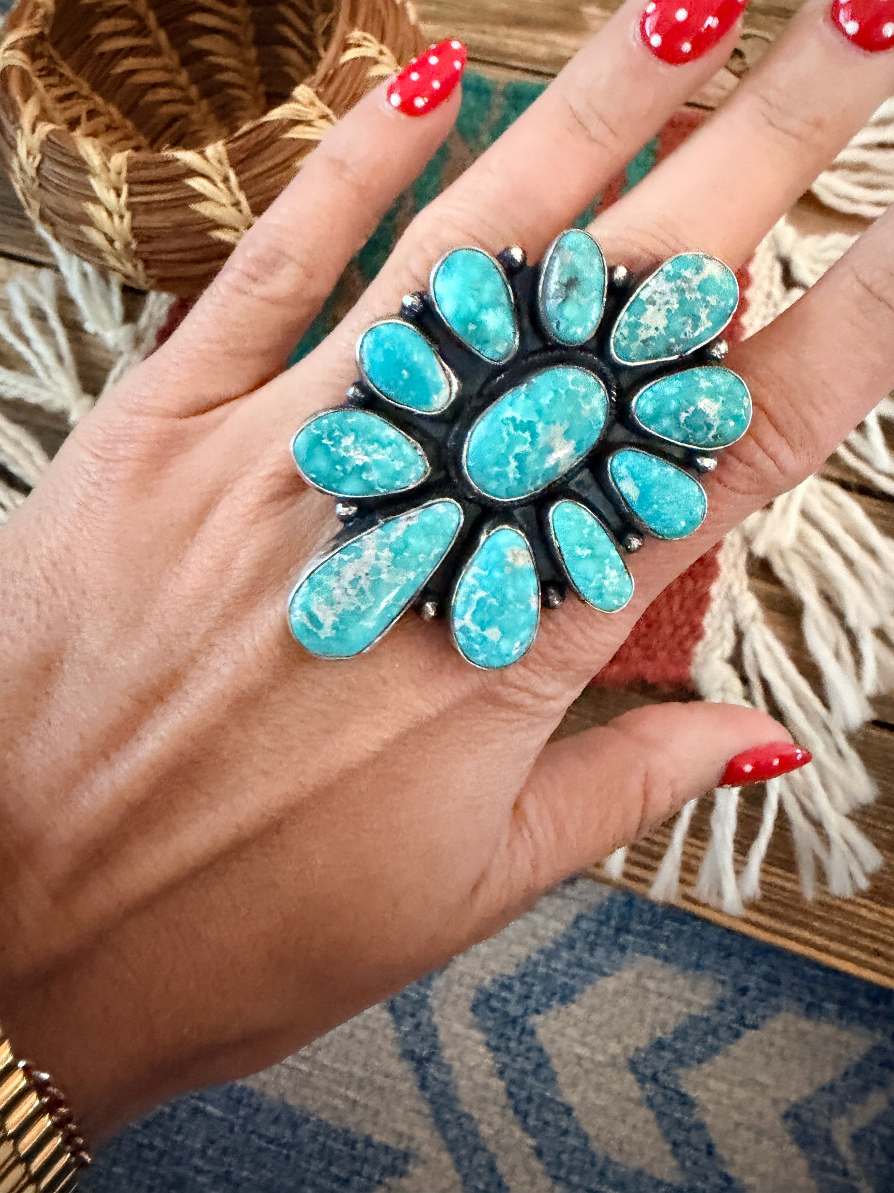 Handcrafted Kingman Turquoise & Sterling Silver Cluster Ring Size 8 by Sheila Becenti