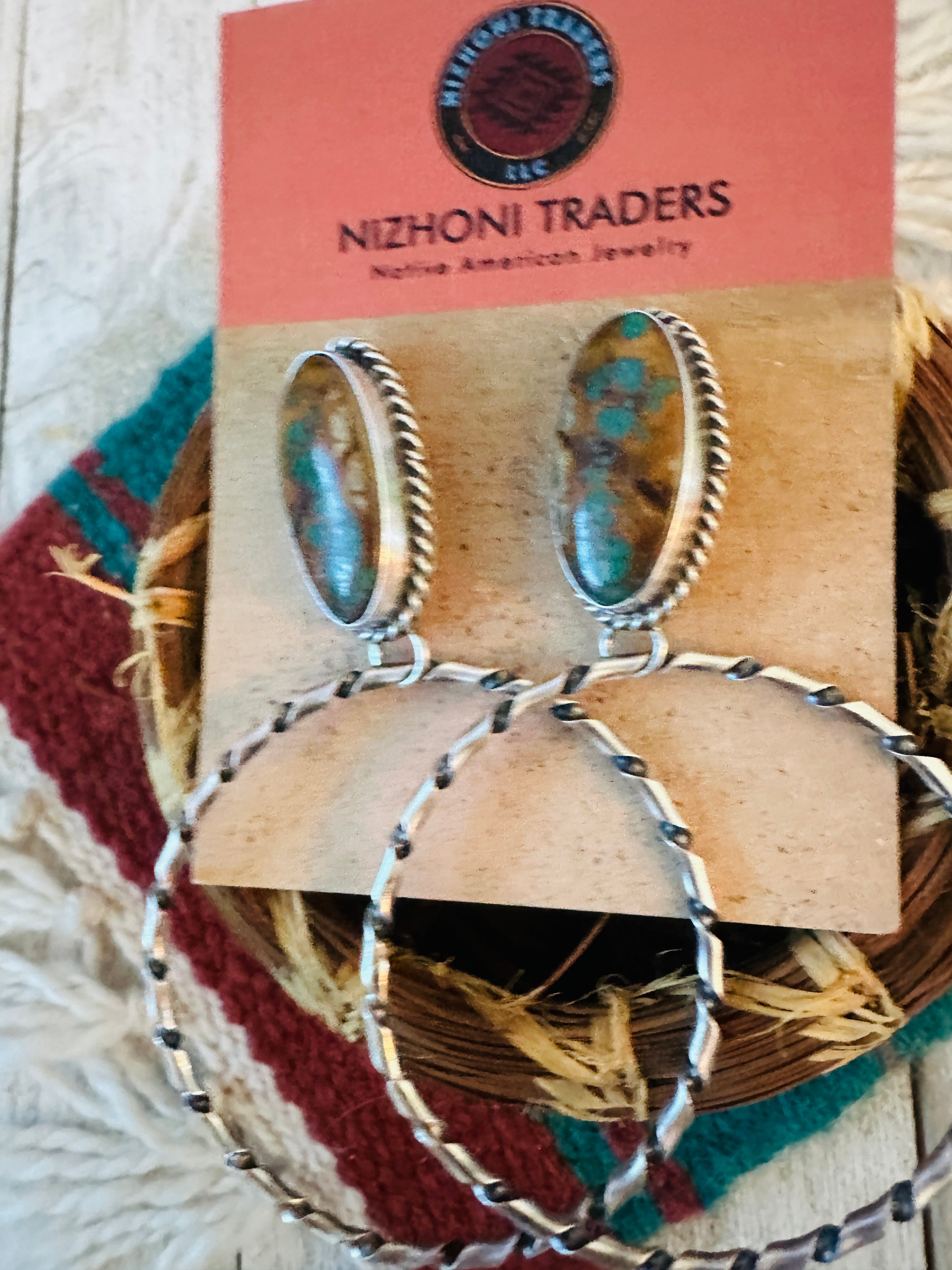 Navajo Ribbon Turquoise and Sterling Silver Dangle Hoop Earrings