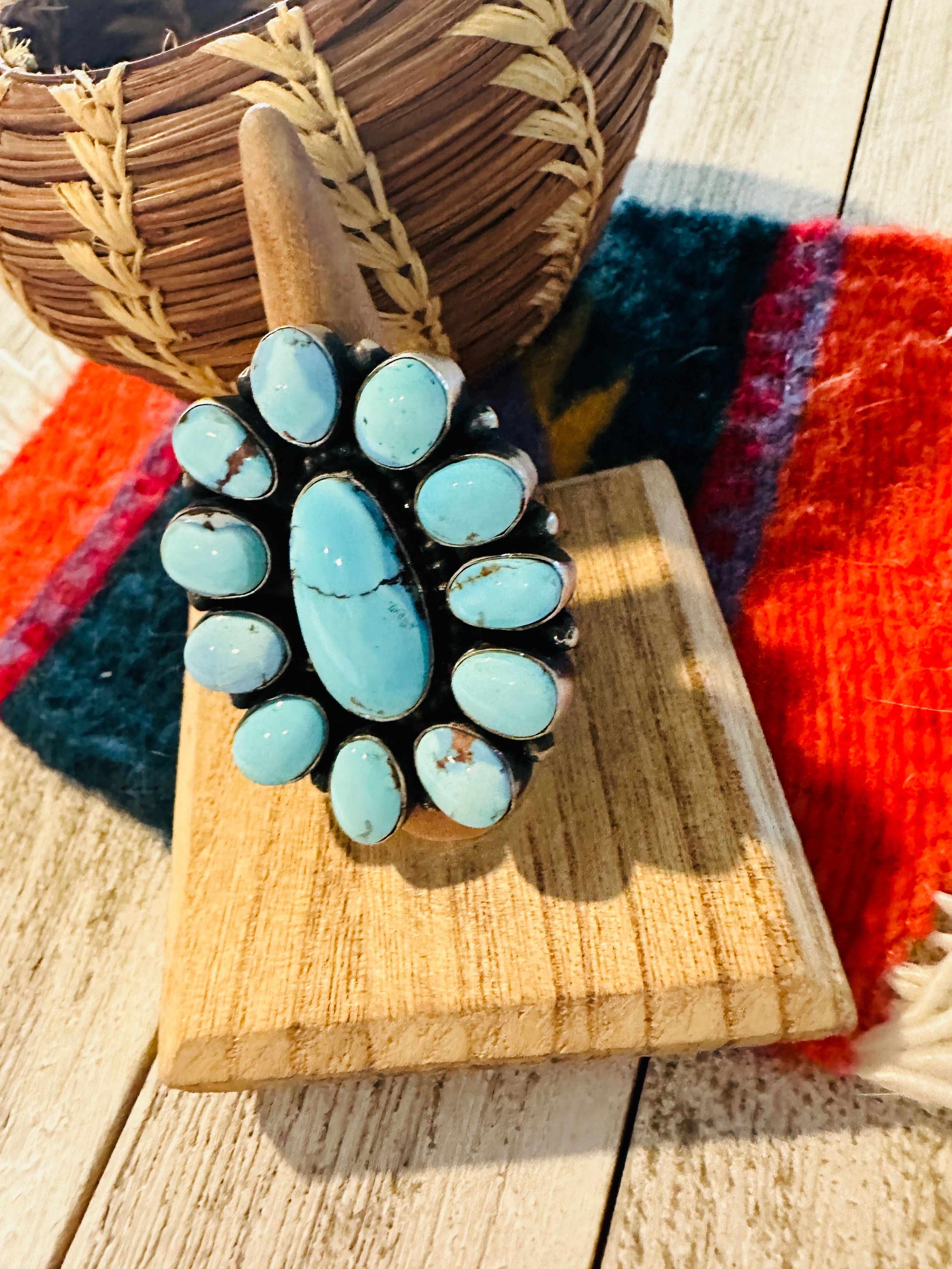 Navajo Golden Hills Turquoise & Sterling Silver Cluster Ring by Blaine Yellowhorse, Size 7