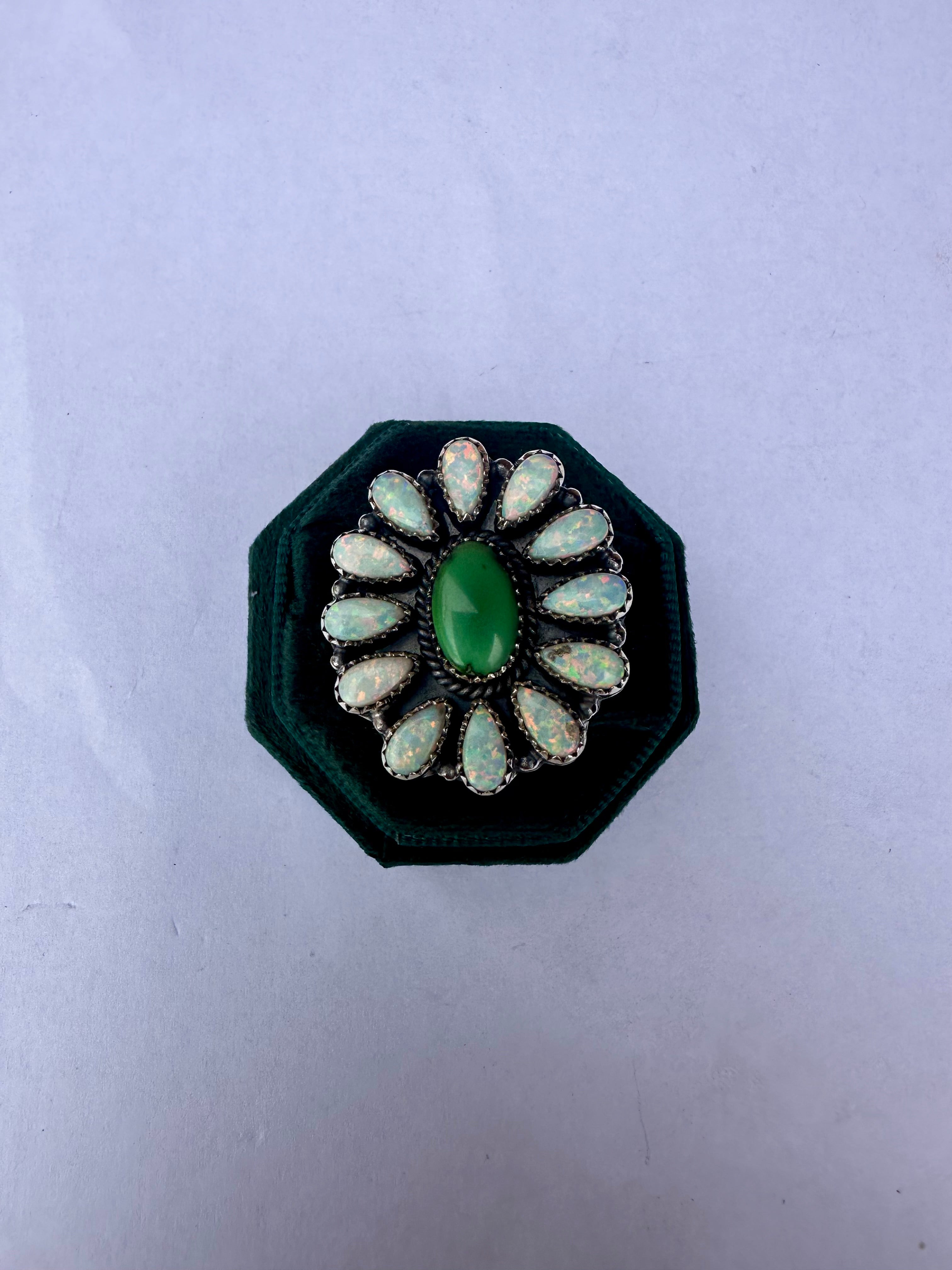 Handmade Sonoran Gold Turquoise, White Fire Opal & Sterling Silver Adjustable Ring Signed Nizhoni