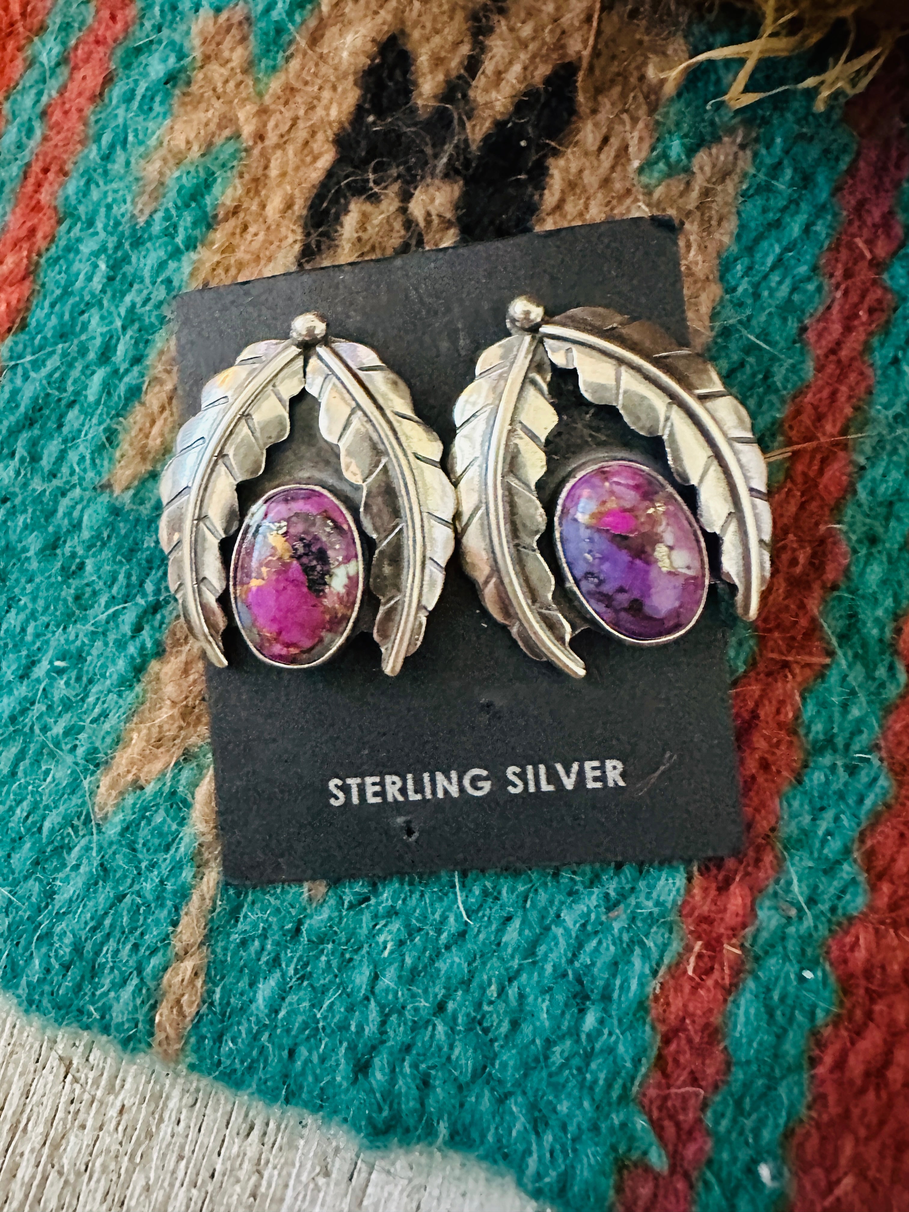 Navajo Pink Mojave & Sterling Silver Leaf Post Earrings