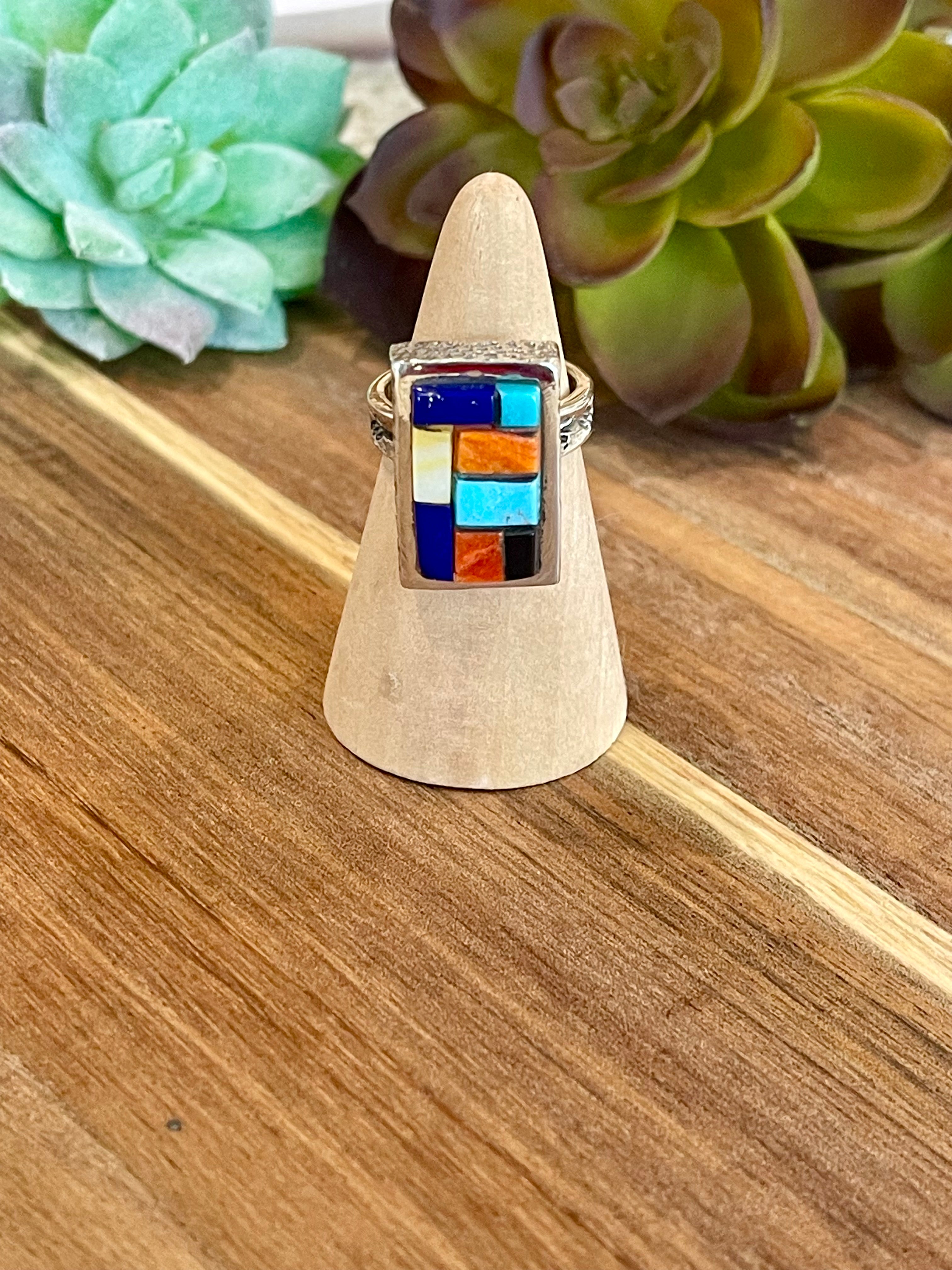 Handmade Sterling Silver & Multi Stone Inlay Ring Size 6.25