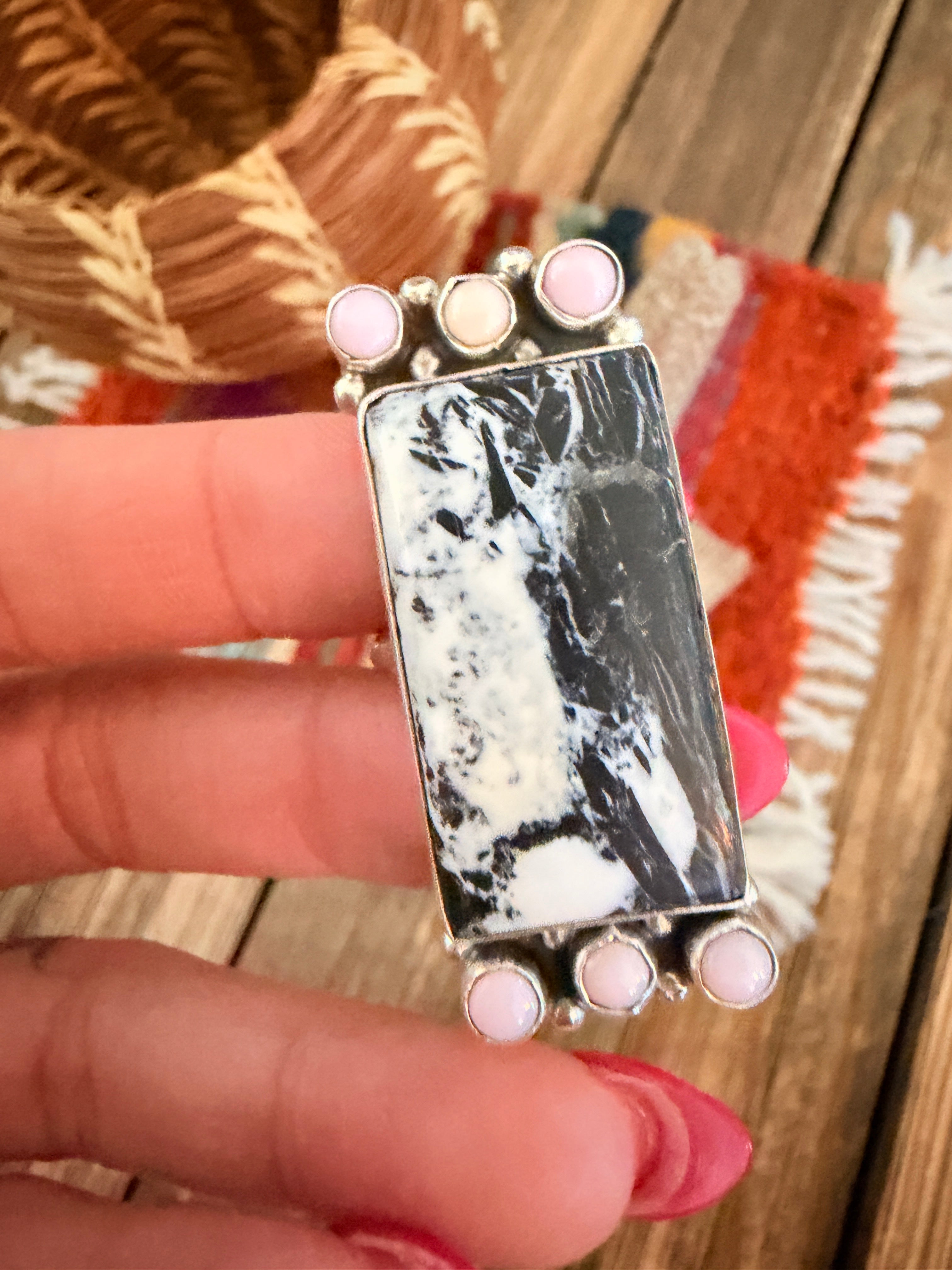 Handcrafted White Buffalo & Queen Pink Conch & Sterling Silver Adjustable Ring
