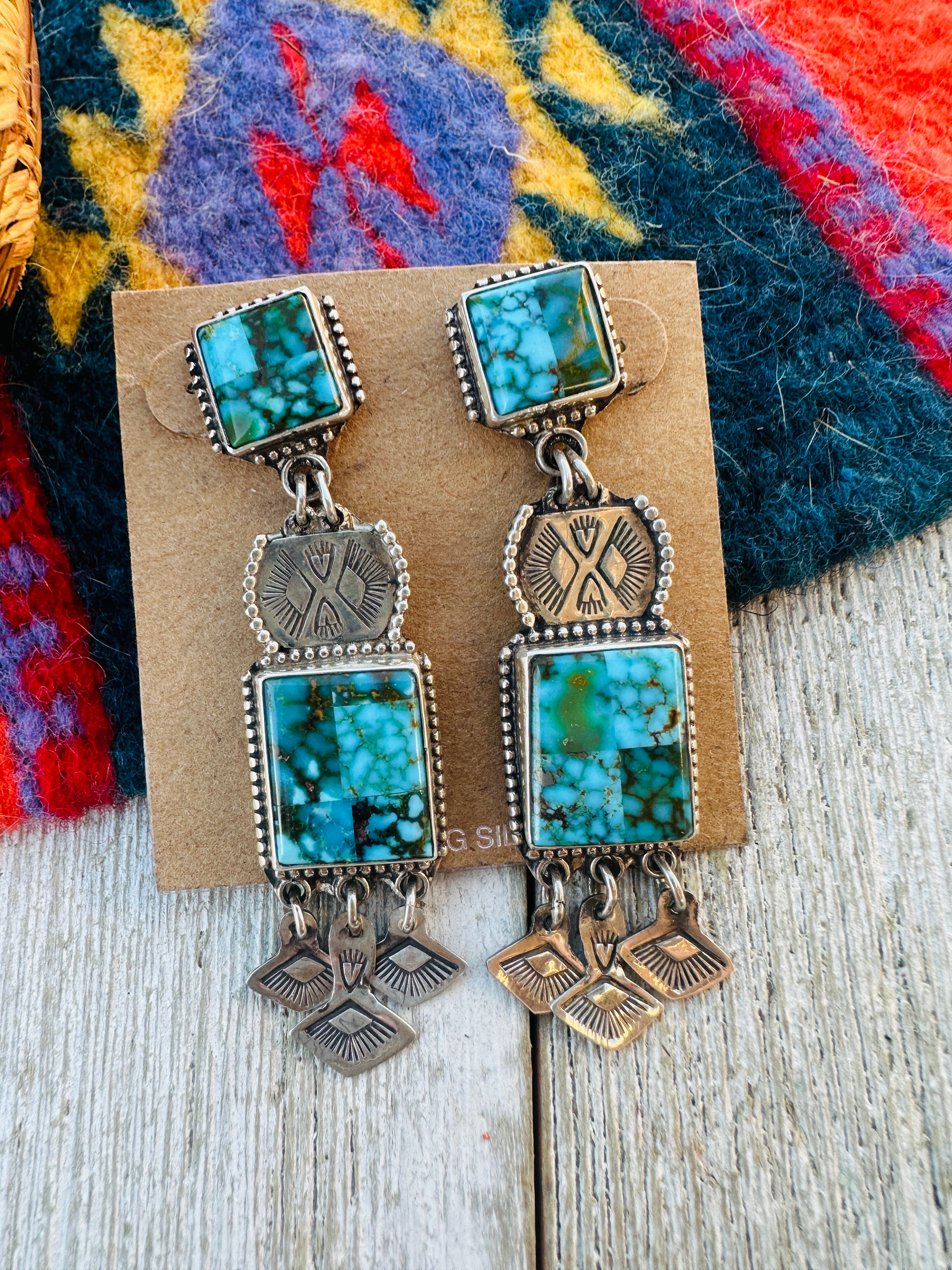 Handcrafted Kingman Web Turquoise & Sterling Silver Inlay Dangle Earrings