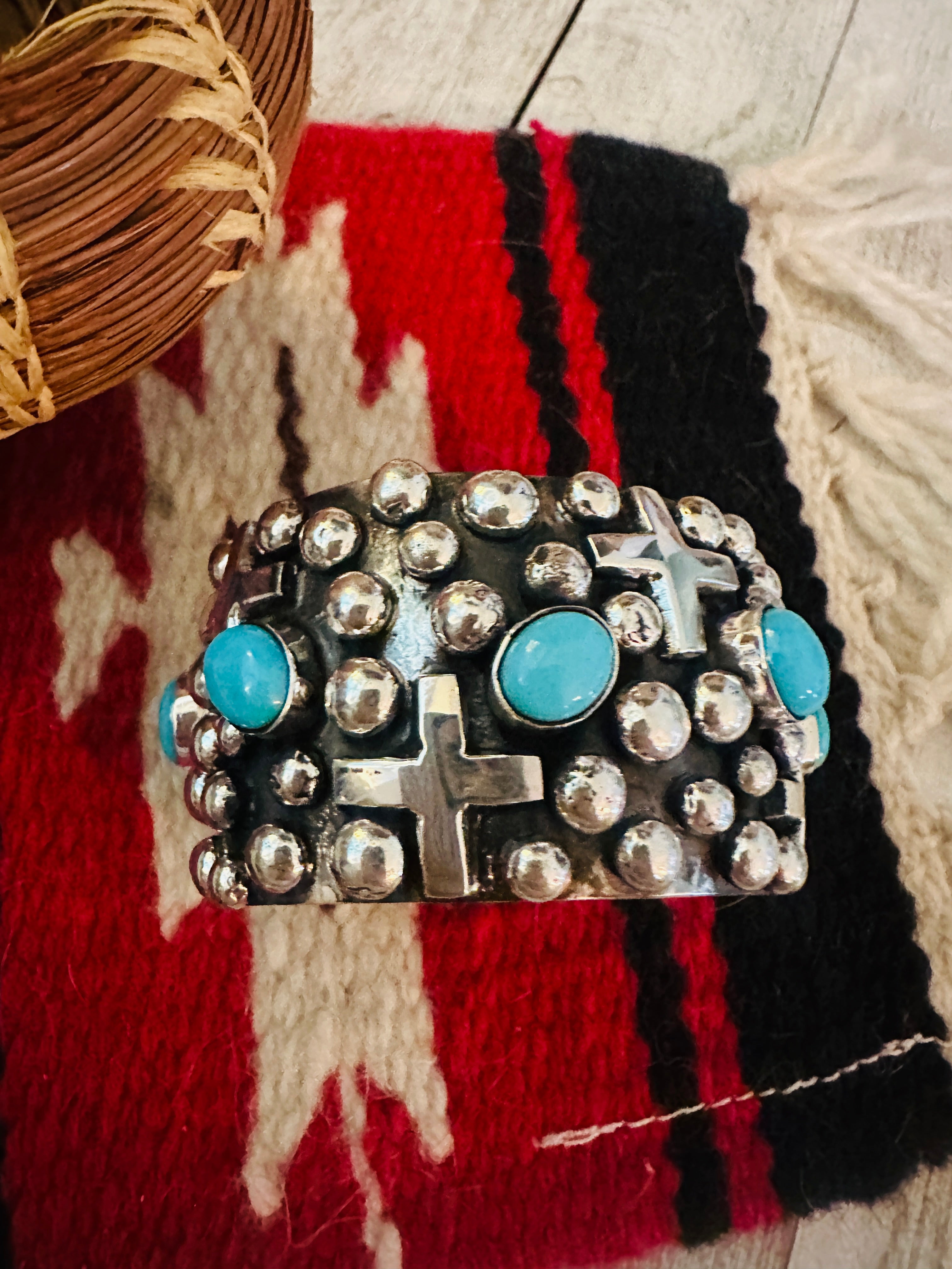 Navajo Turquoise & Sterling Silver Cross Cuff Bracelet By Chimney Butte /