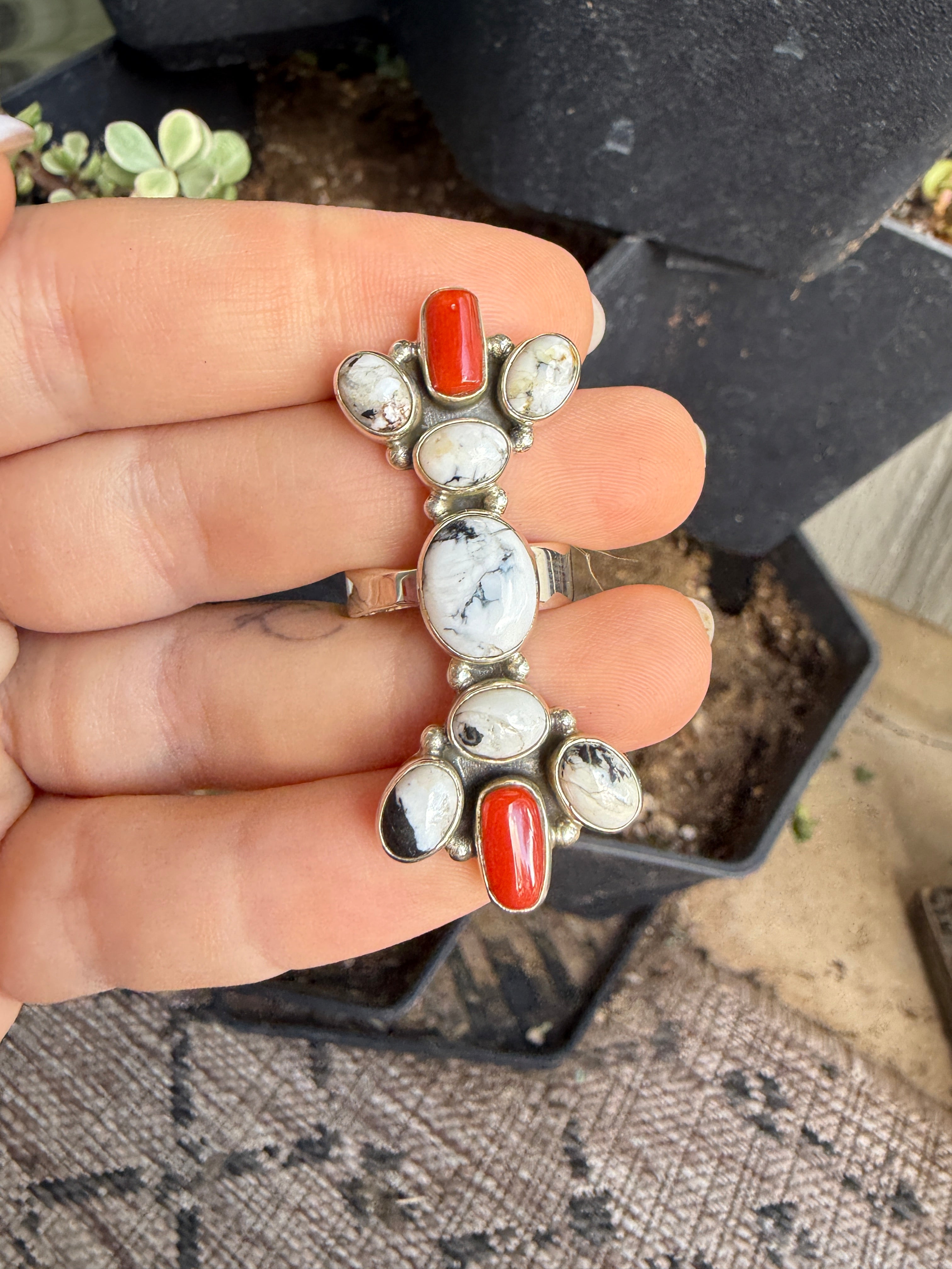 Handmade Coral, White Buffalo & Sterling Silver Adjustable Ring Signed Nizhoni