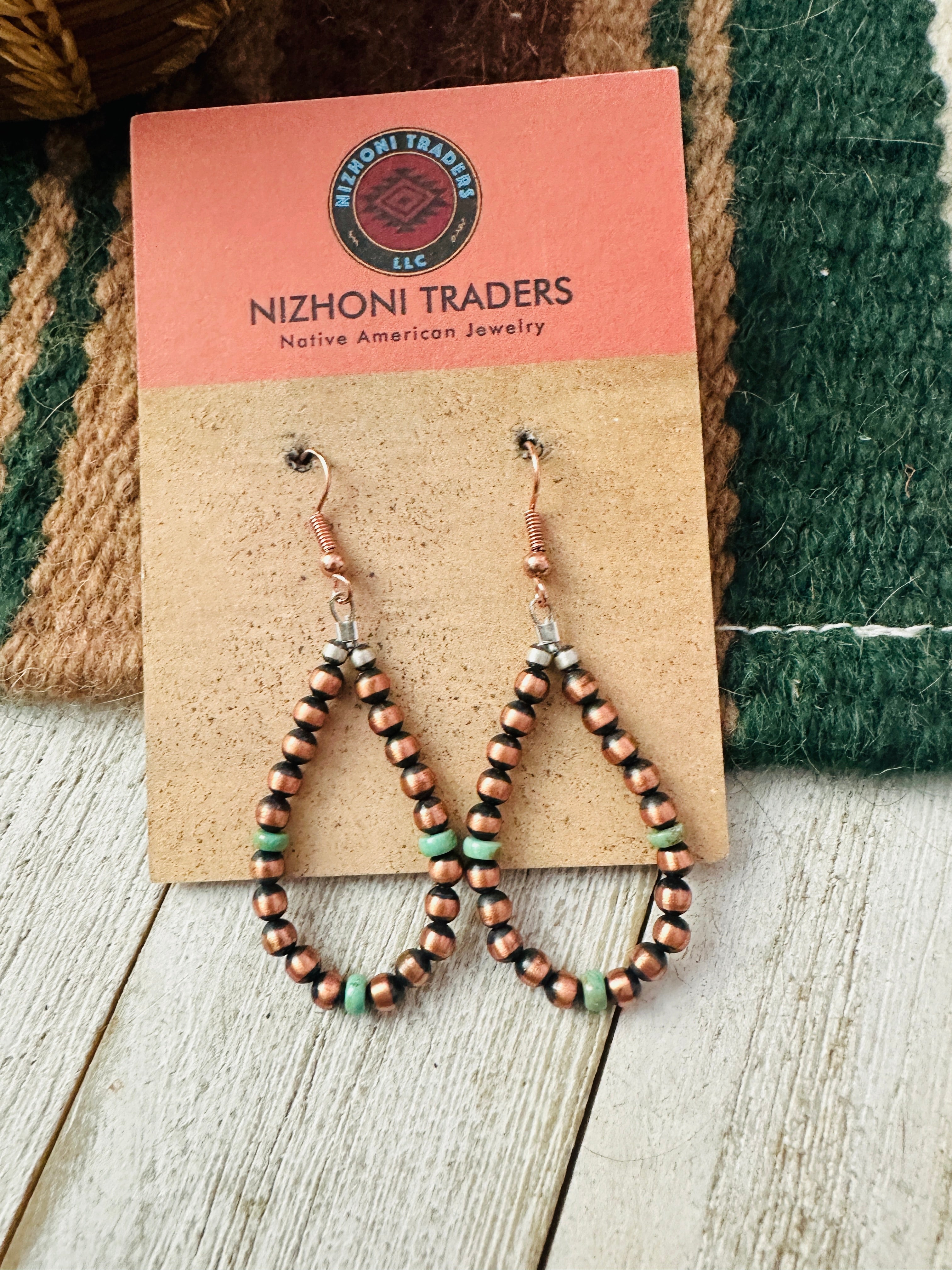 Handcrafted Copper & Turquoise Beaded Dangle Hoop Earrings
