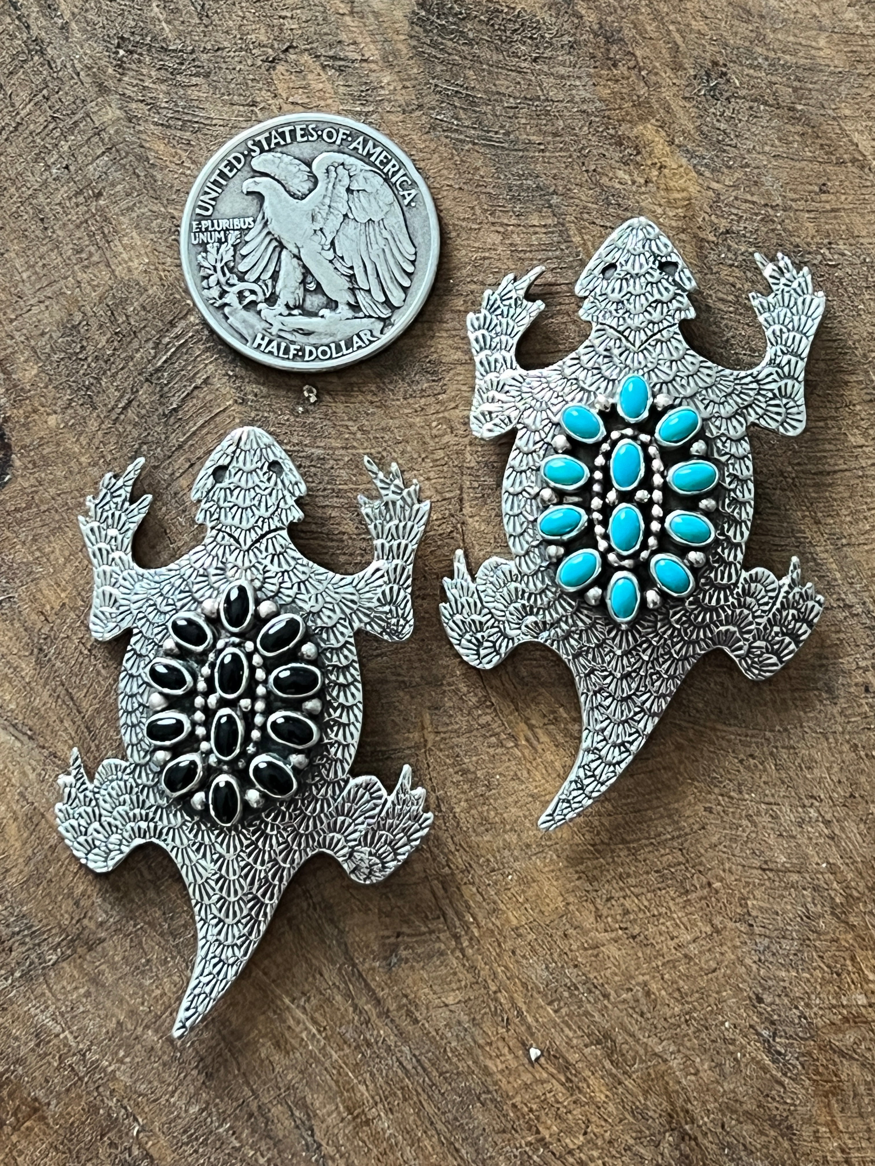 Handcrafted Sterling Silver and Stone Horned Toad Pin and Pendant by Lee Charley, Turquoise or Onyx