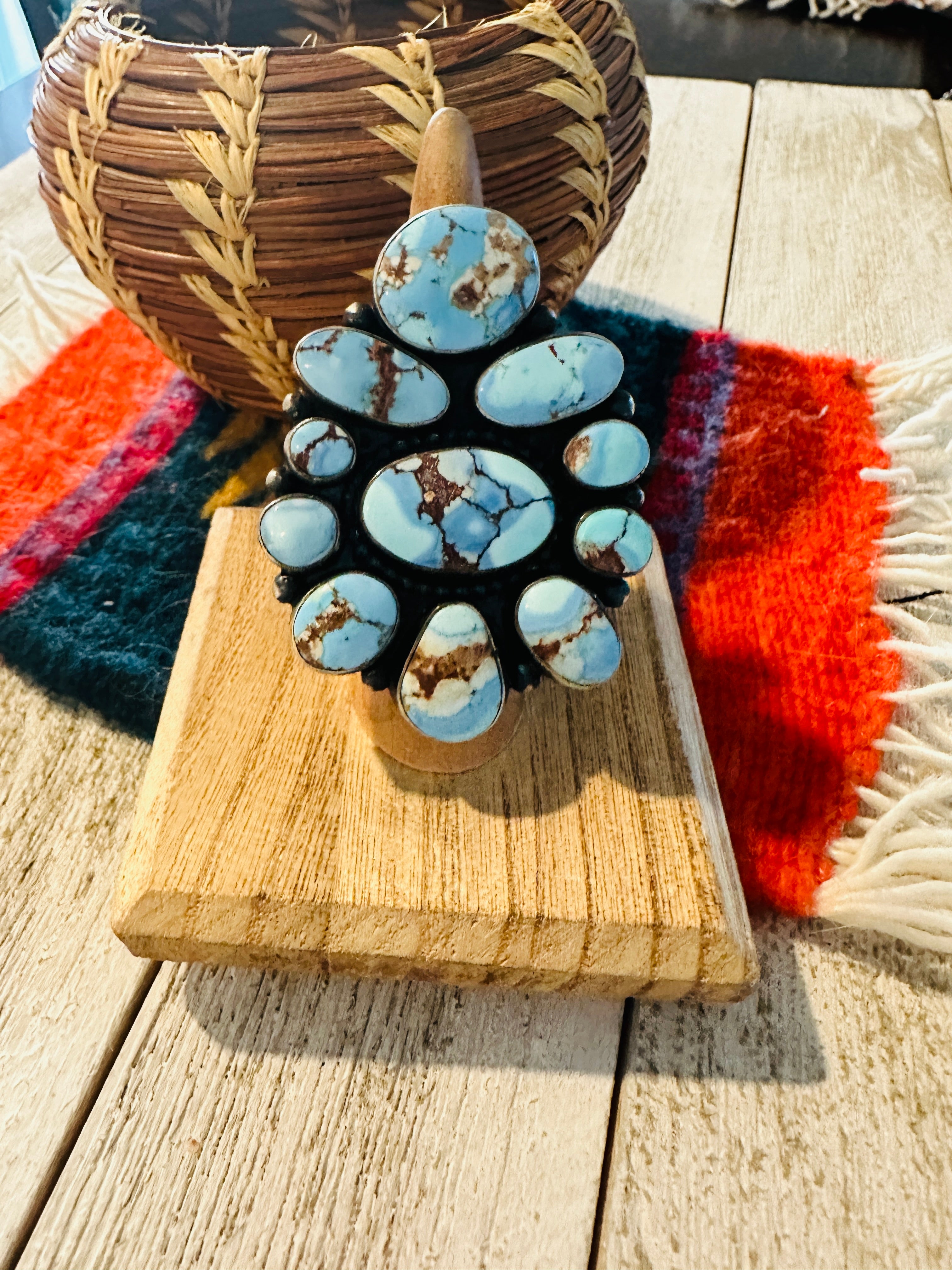 Navajo Golden Hills Turquoise & Sterling Silver Cluster Ring Size 7 by B. Yellowhorse