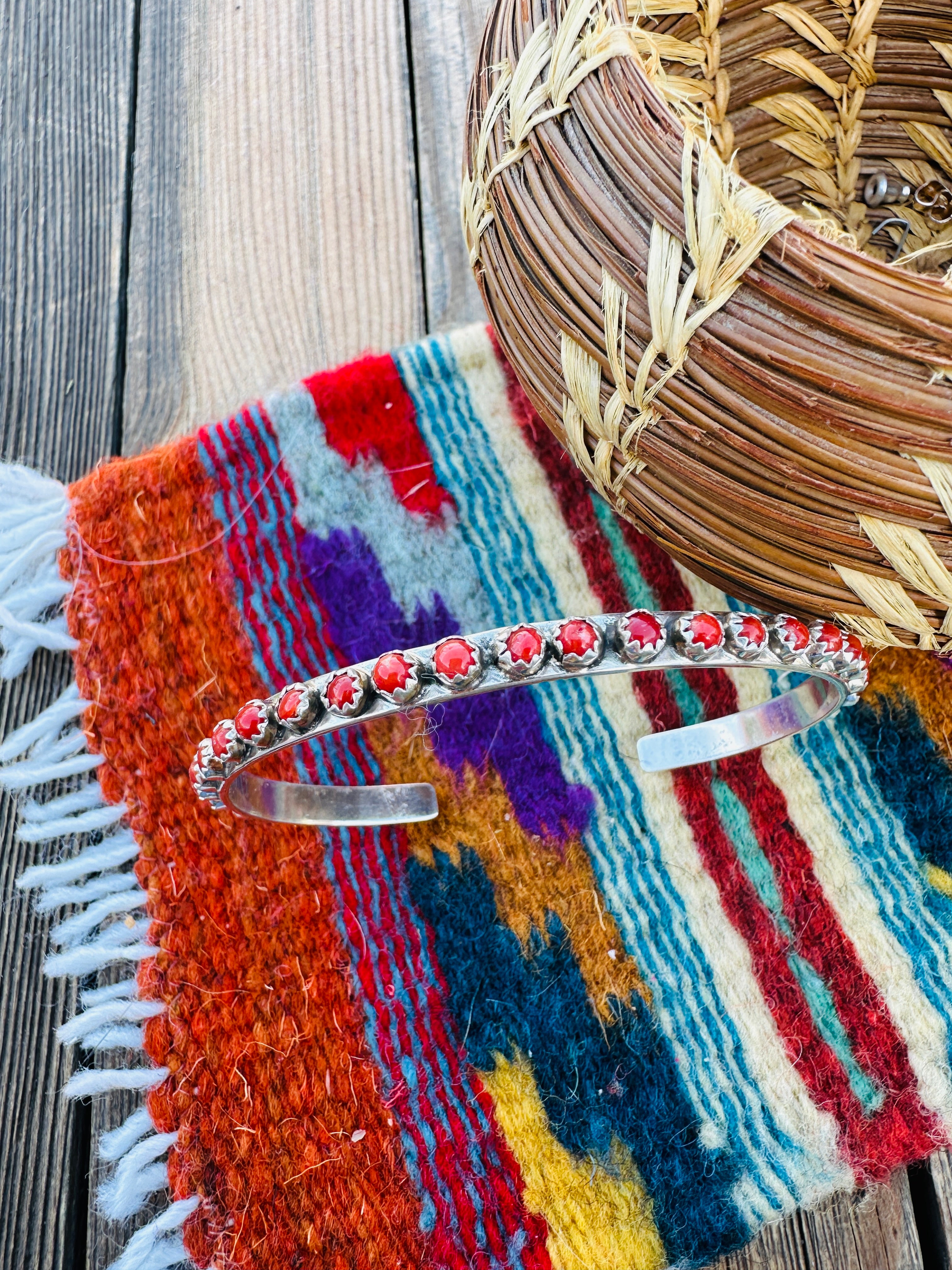 Handcrafted Coral & Sterling Silver Stacker Cuff Bracelet