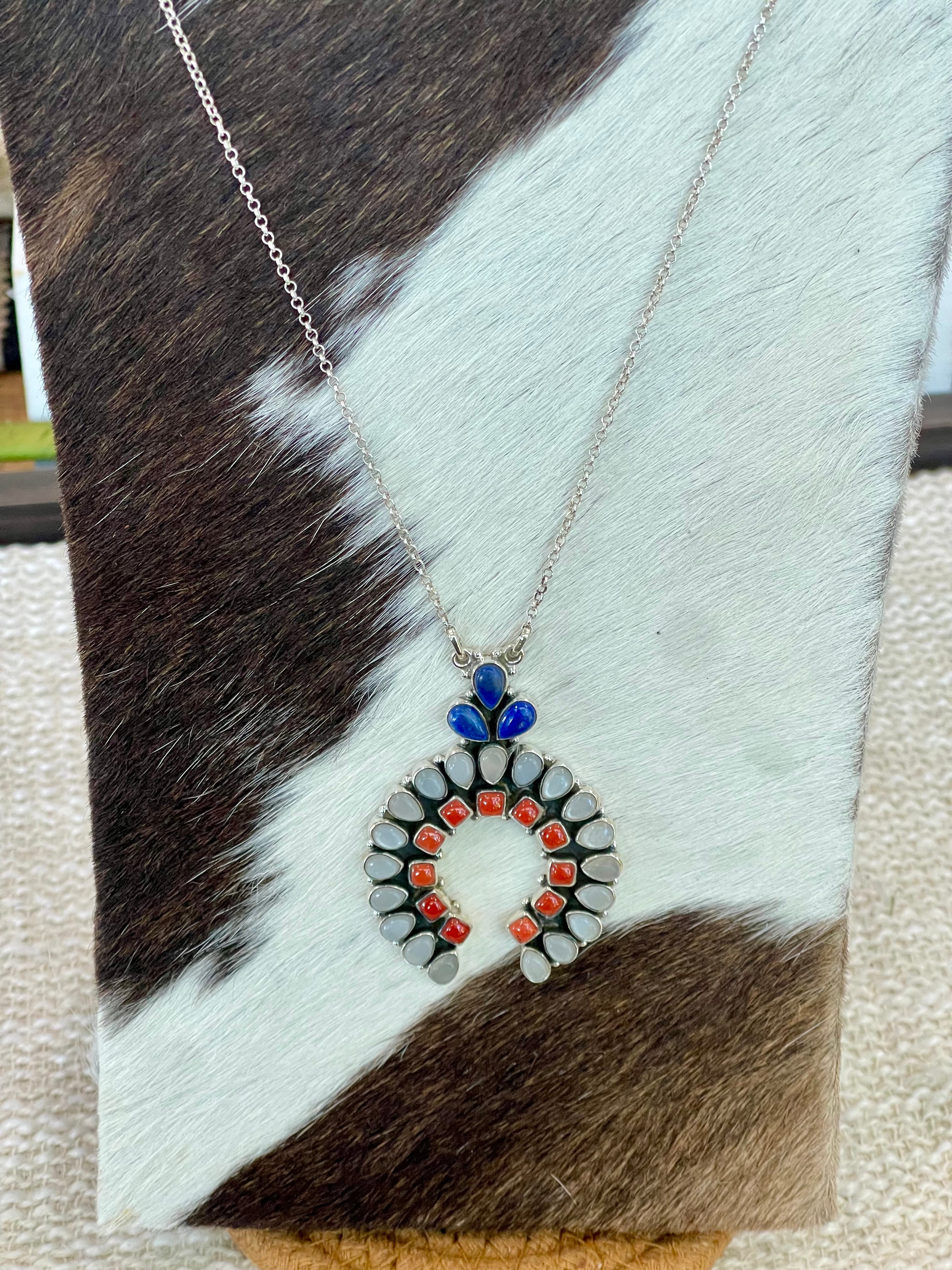 ** 4TH OF JULY ** Handmade Sterling Silver Synthetic Opal Necklace with Signed Nizhoni