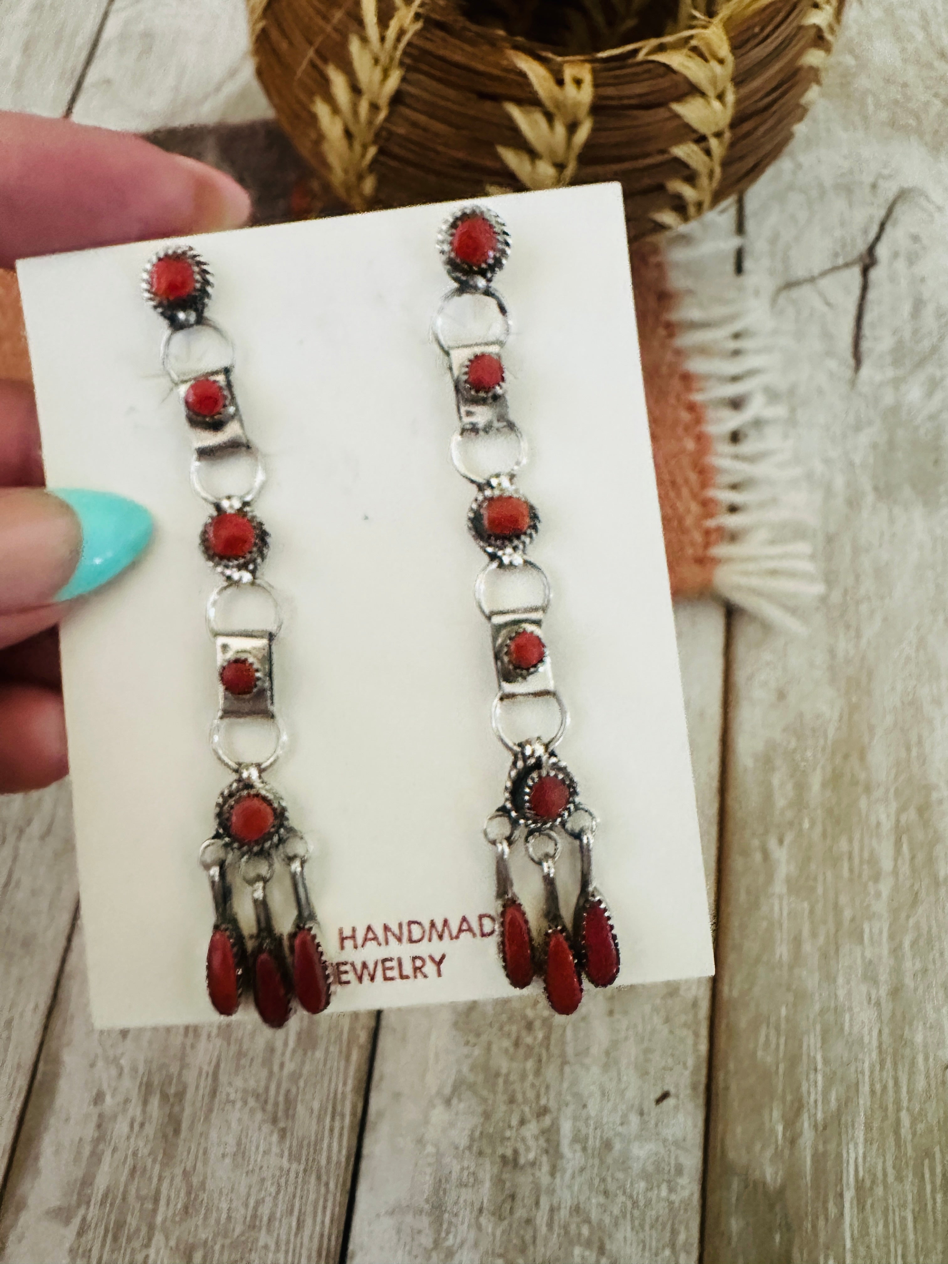 Handcrafted Sterling Silver & Coral Dangle Earrings
