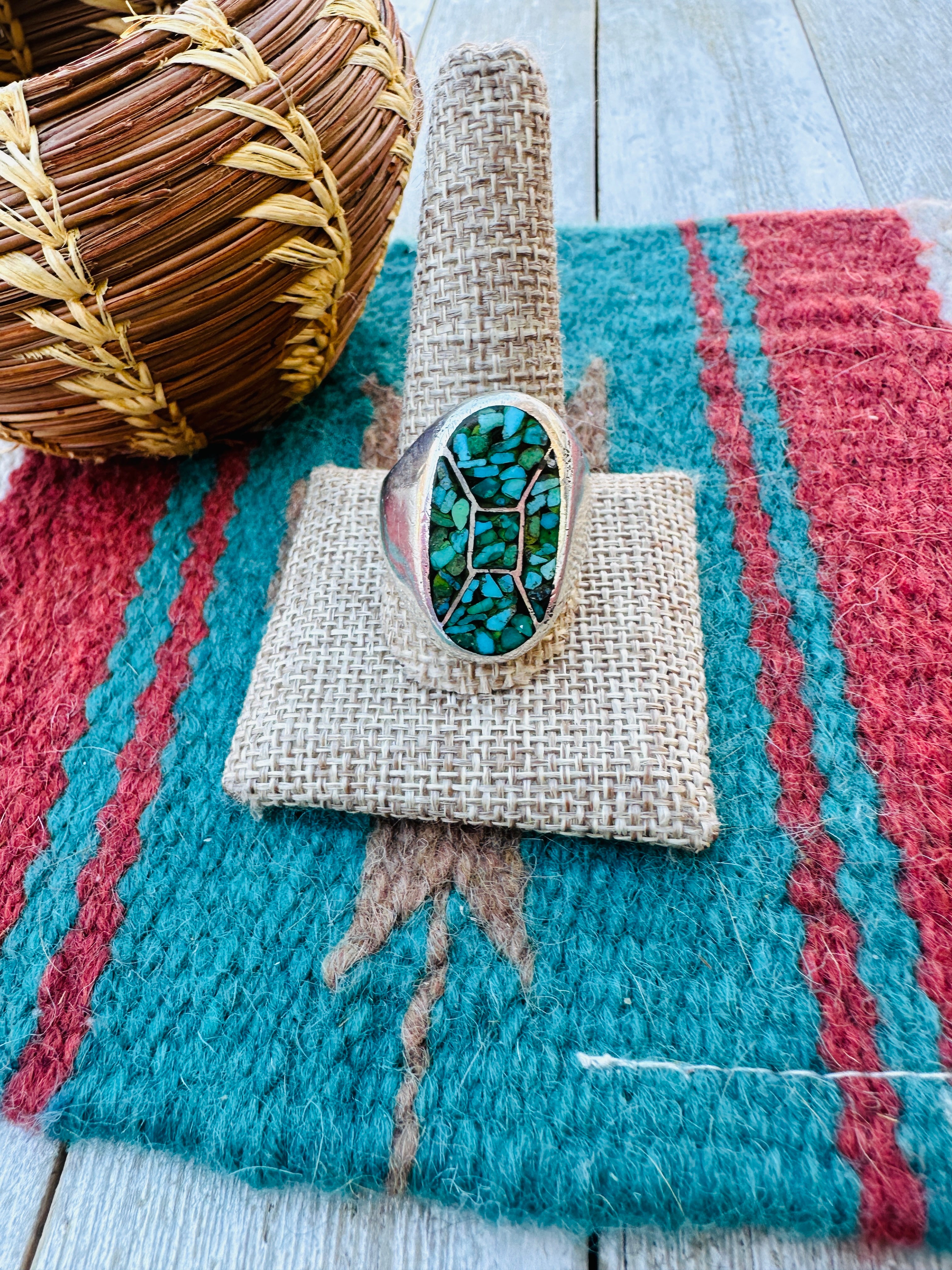 Old Pawn Handcrafted Kingman Turquoise & Sterling Silver Cigar Band Ring Size 11.75