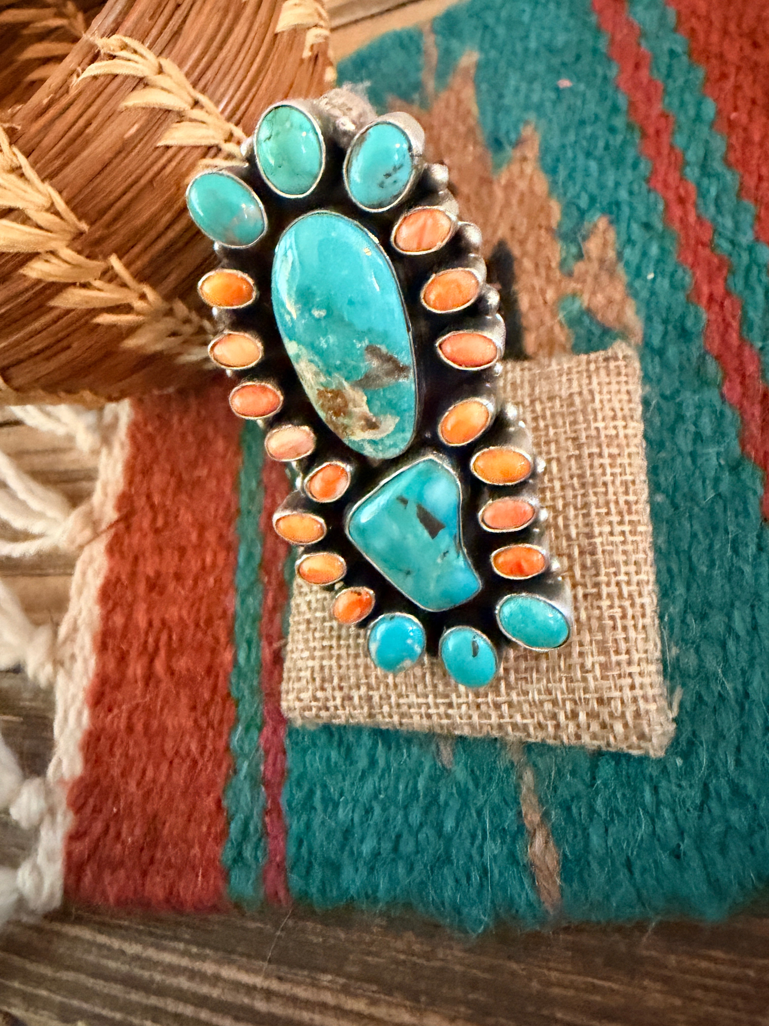 Handcrafted Spiny Oyster, Turquoise & Sterling Silver Cluster Ring by Sheila Becenti Size 10