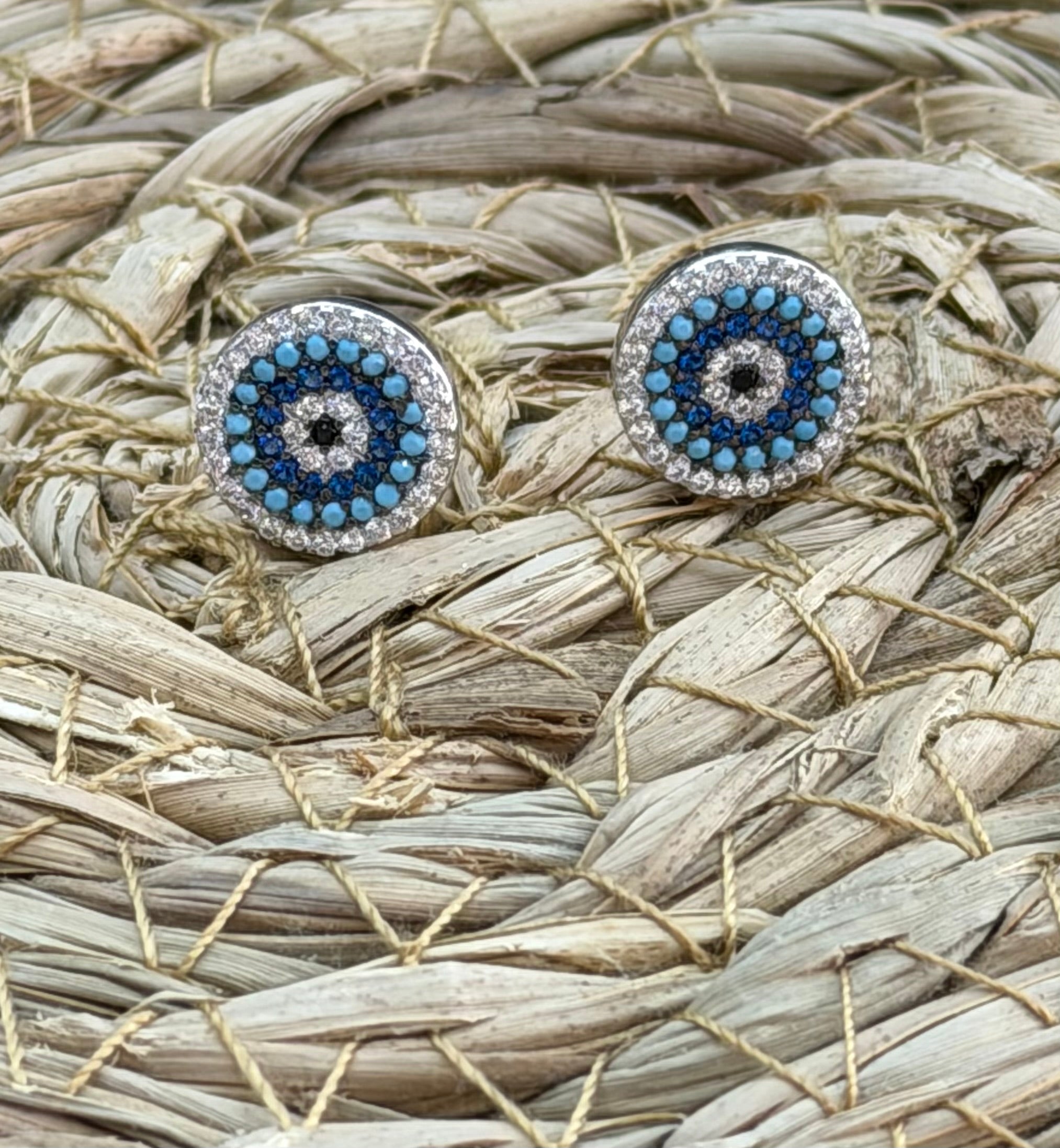 Evil Eye Blue Round CZ Sterling Silver Stud Earrings