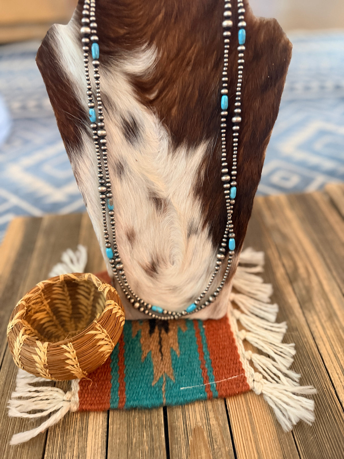 Handcrafted Turquoise & Sterling Silver Pearl Beaded 72” Necklace