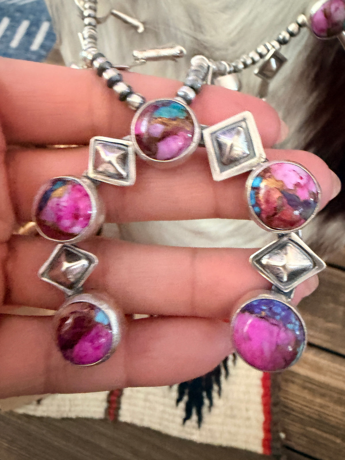 Handcrafted Pink Dream Mojave & Sterling Silver Squash Blossom Necklace and Earring Set
