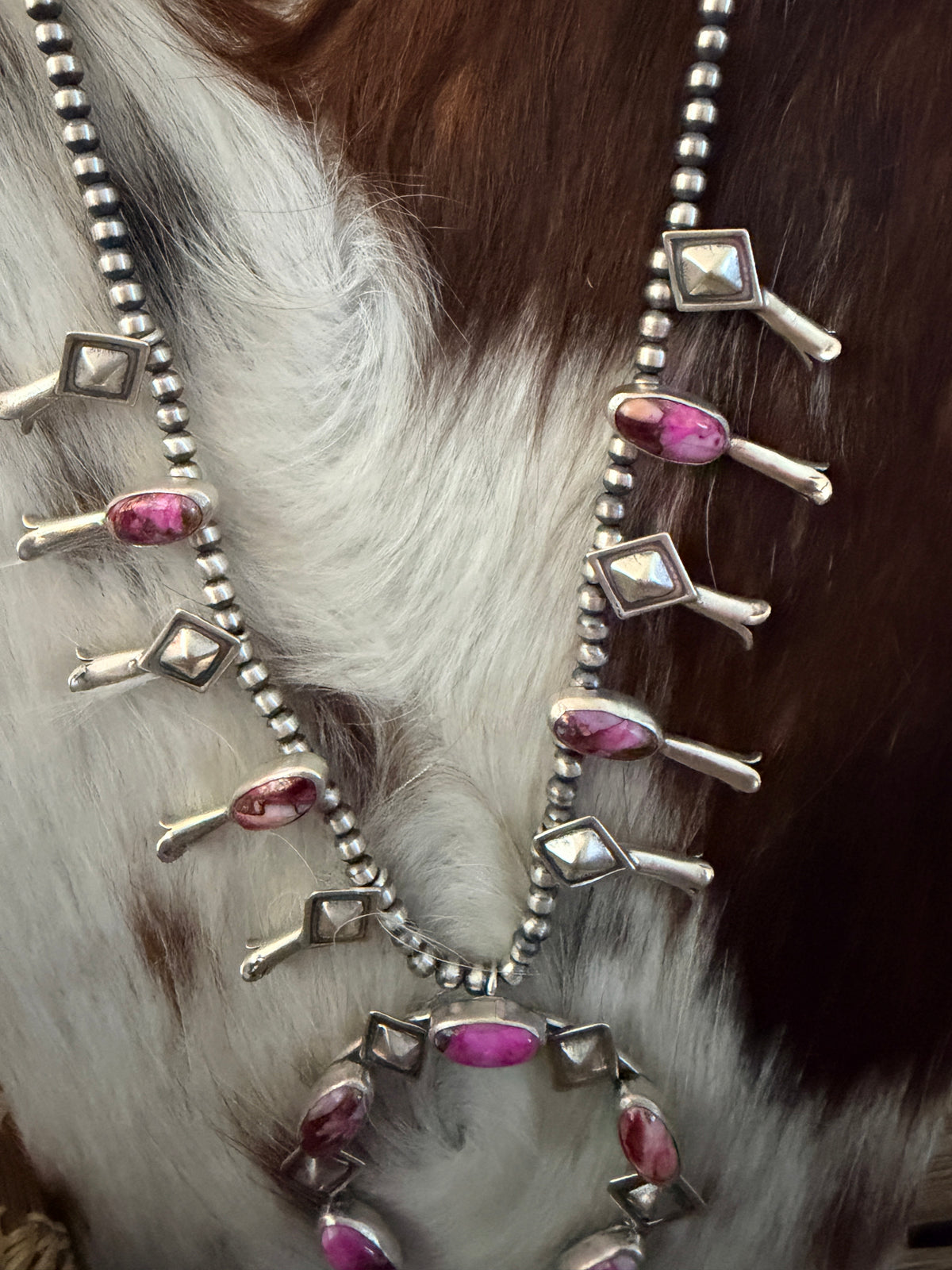 Handcrafted Pink Mojave & Sterling Silver Squash Blossom Necklace and Earring Set