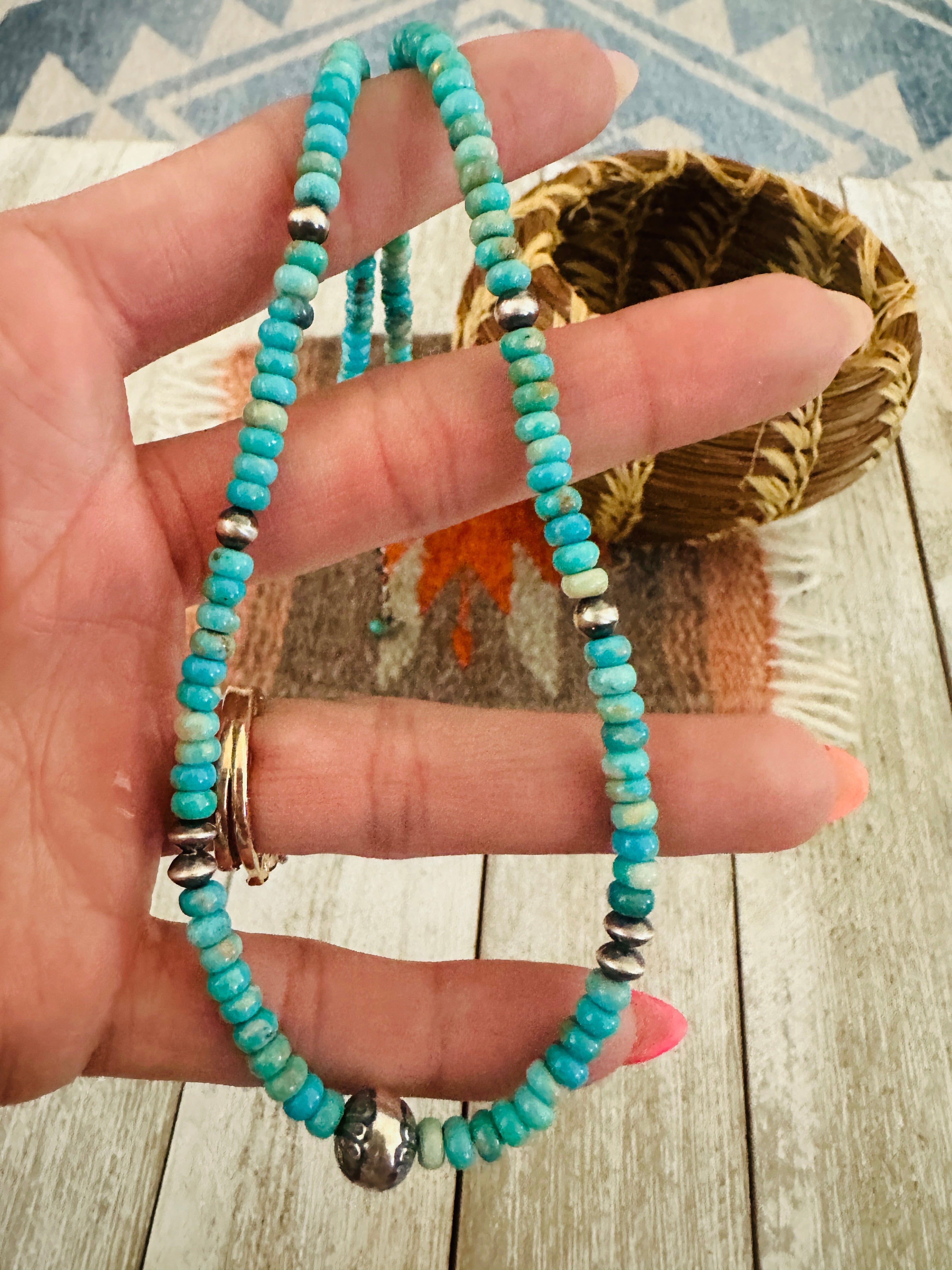 Handcrafted Turquoise & Sterling Silver 16” Beaded Necklace