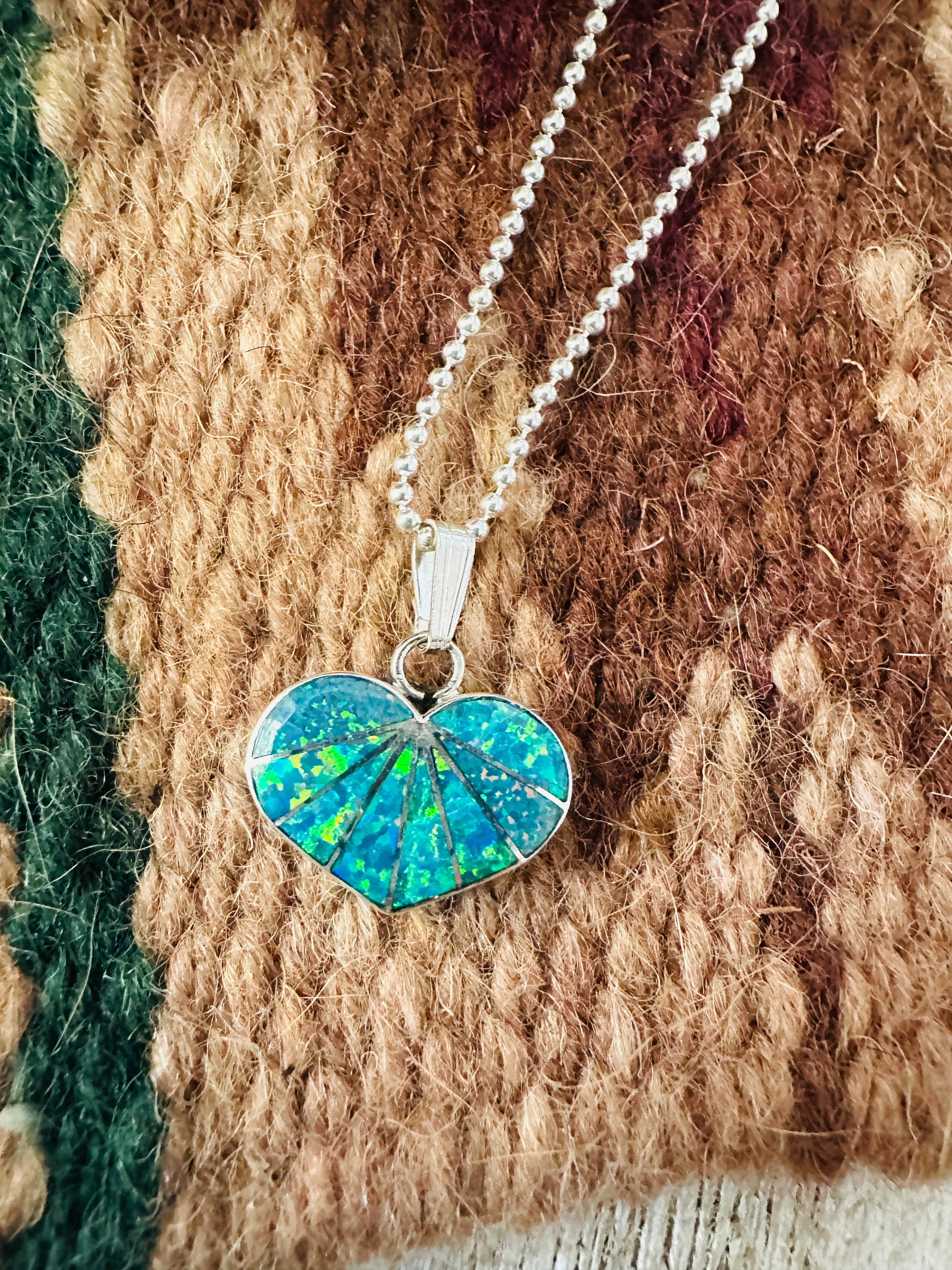 Handcrafted Blue Opal & Sterling Silver Inlay Heart Pendant