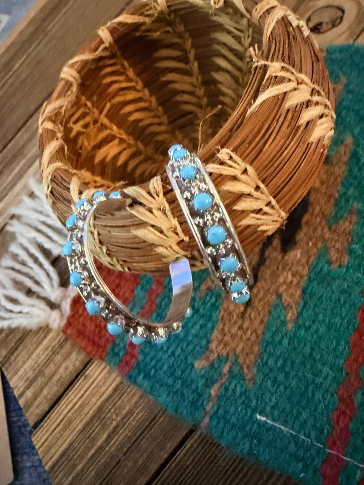 Handcrafted Sterling Silver & Turquoise Petit Point Hoop Earrings