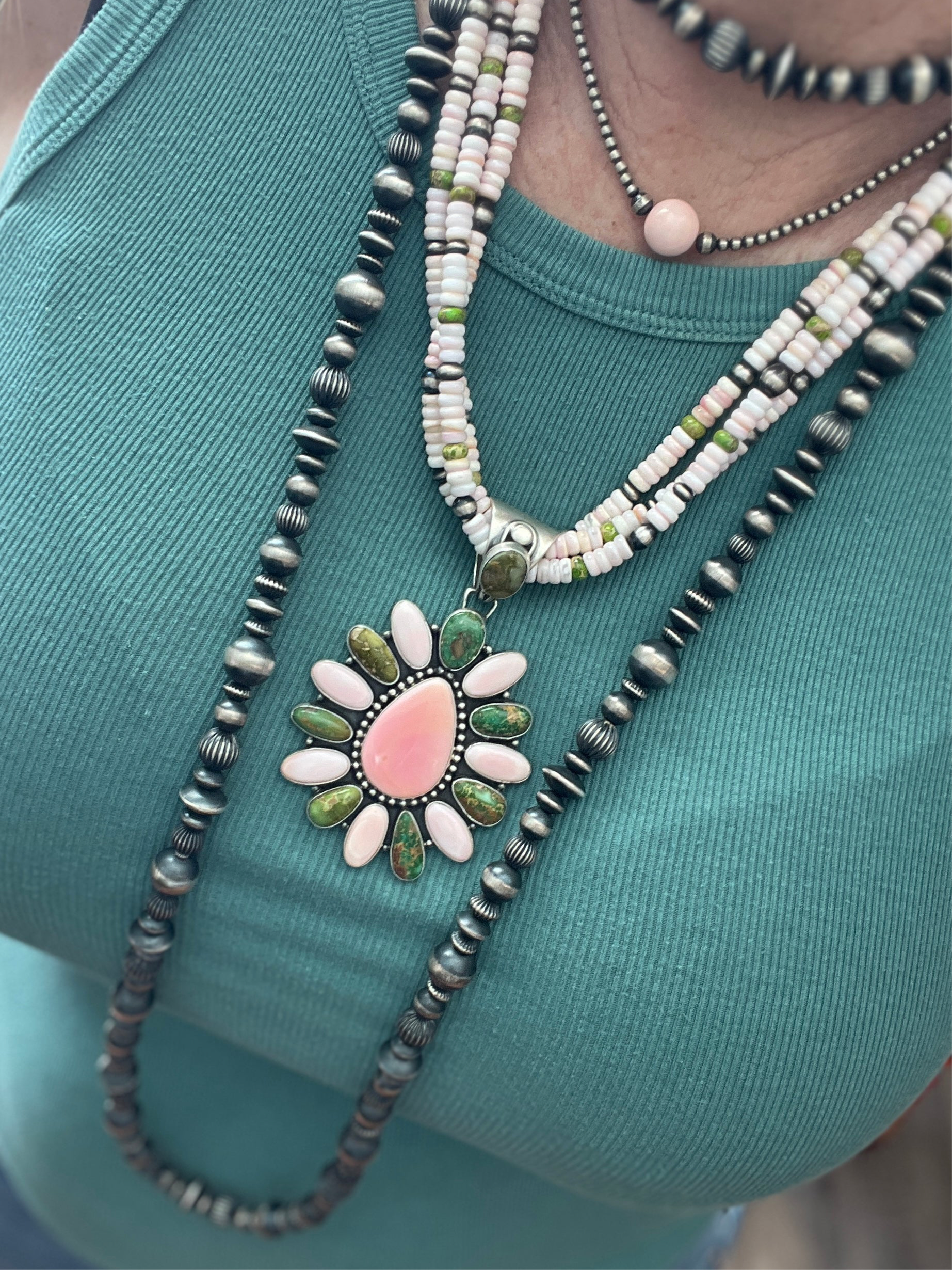 Handcrafted Sonoran Gold Turquoise, Sterling Silver and Pink Conch Cluster Pendant w/ Beaded Multistrand Necklace by Patrick Yazzie