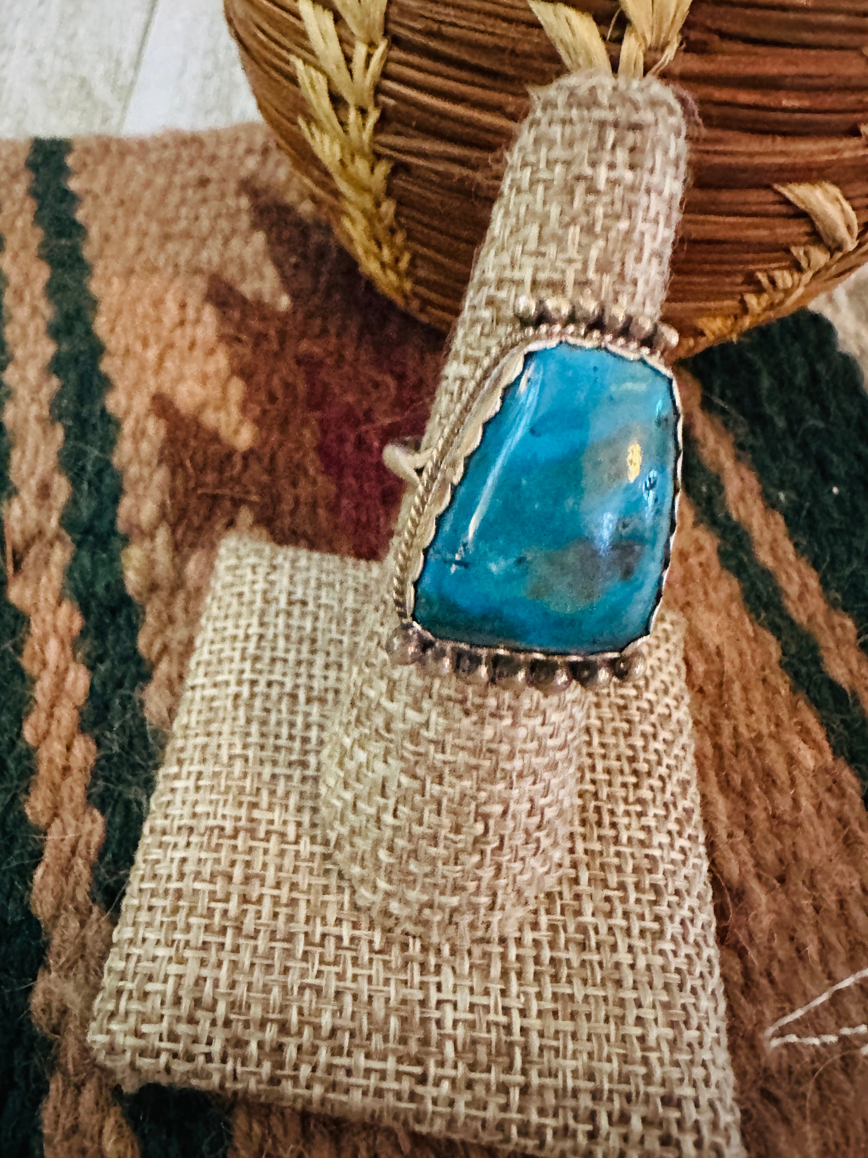 Old Pawn Handcrafted Turquoise & Sterling Silver Ring Size 8