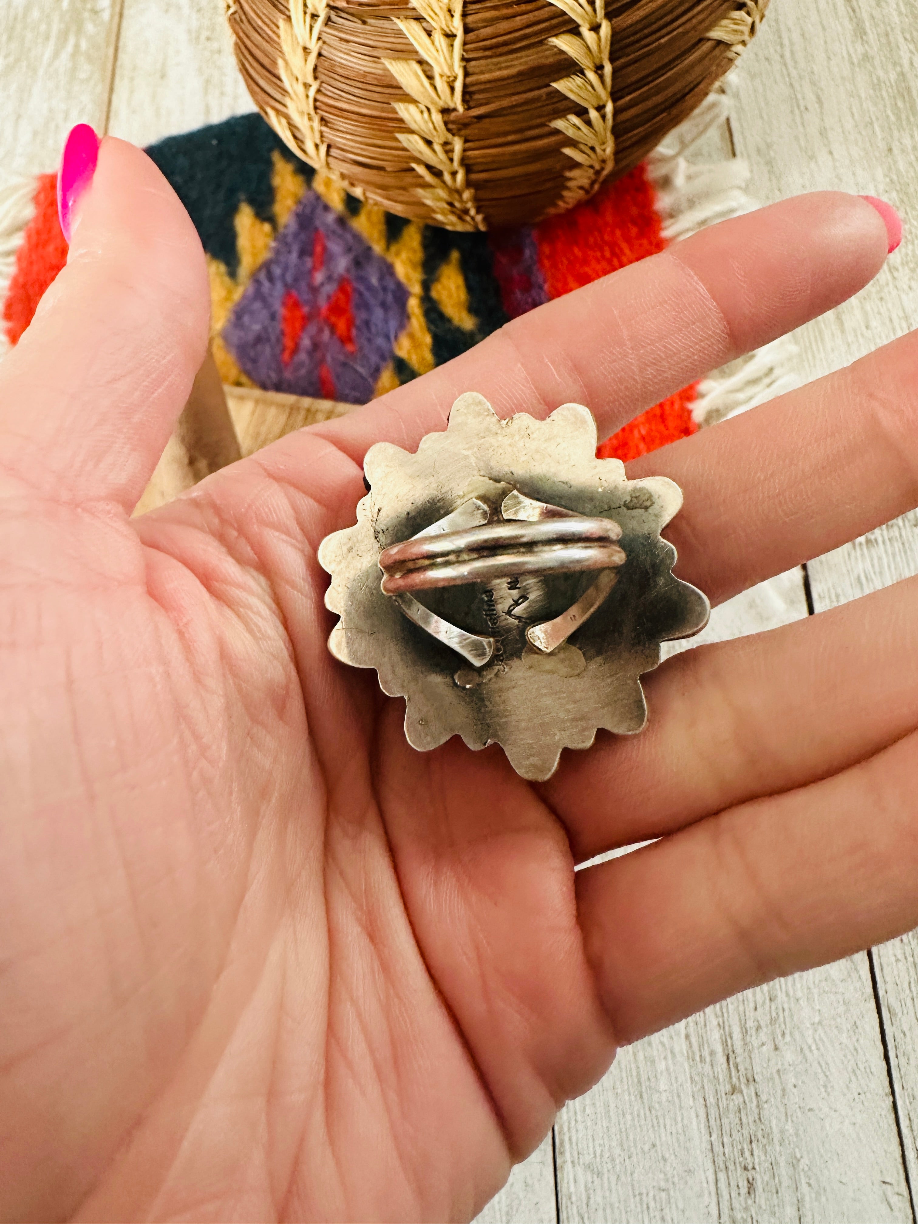 Handcrafted Sterling Silver, Queen Pink Conch Shell & Lapis Cluster Ring