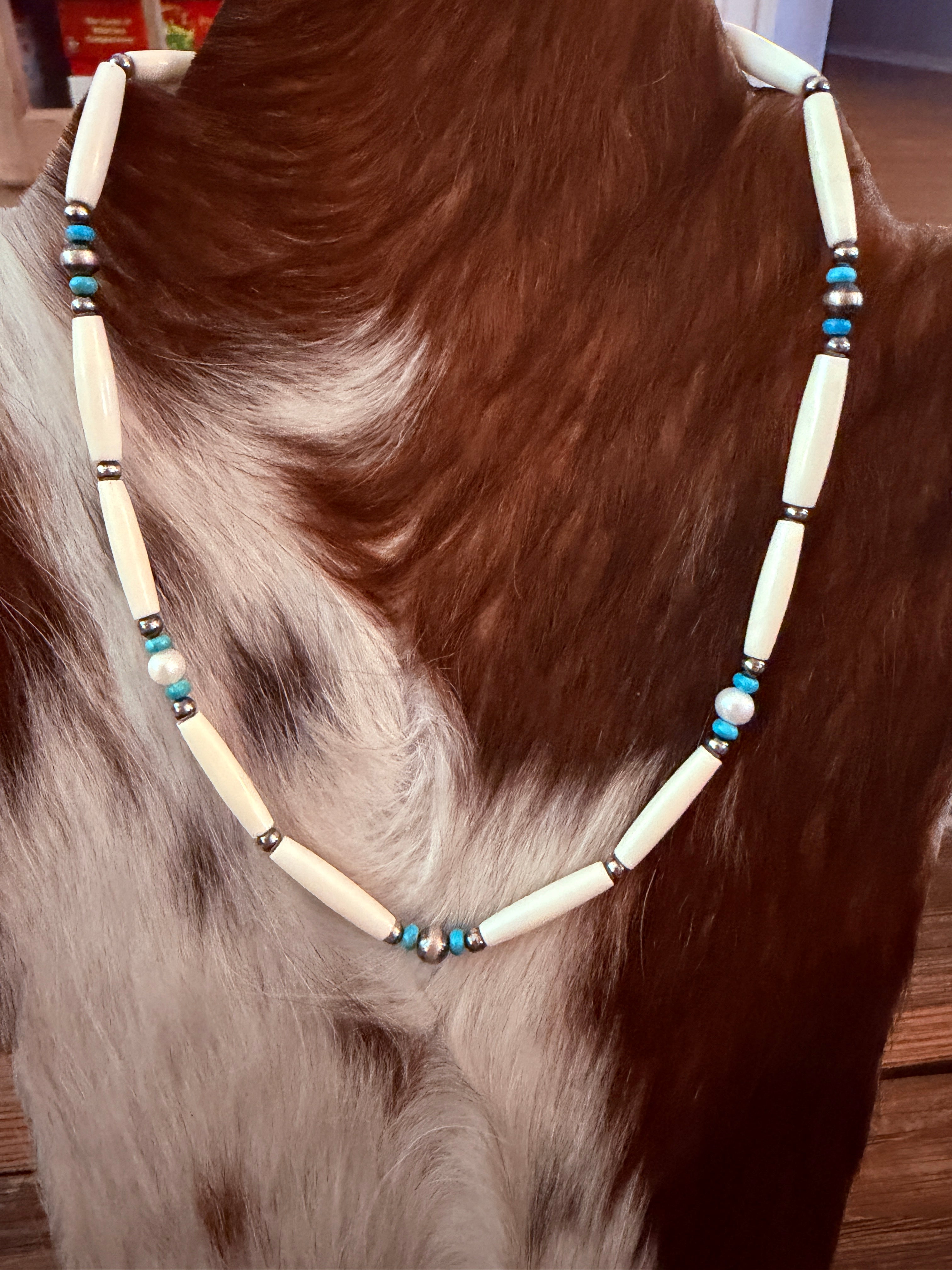 Handcrafted Sterling Silver, Bone, Pearl & Turquoise 19" Beaded Necklace