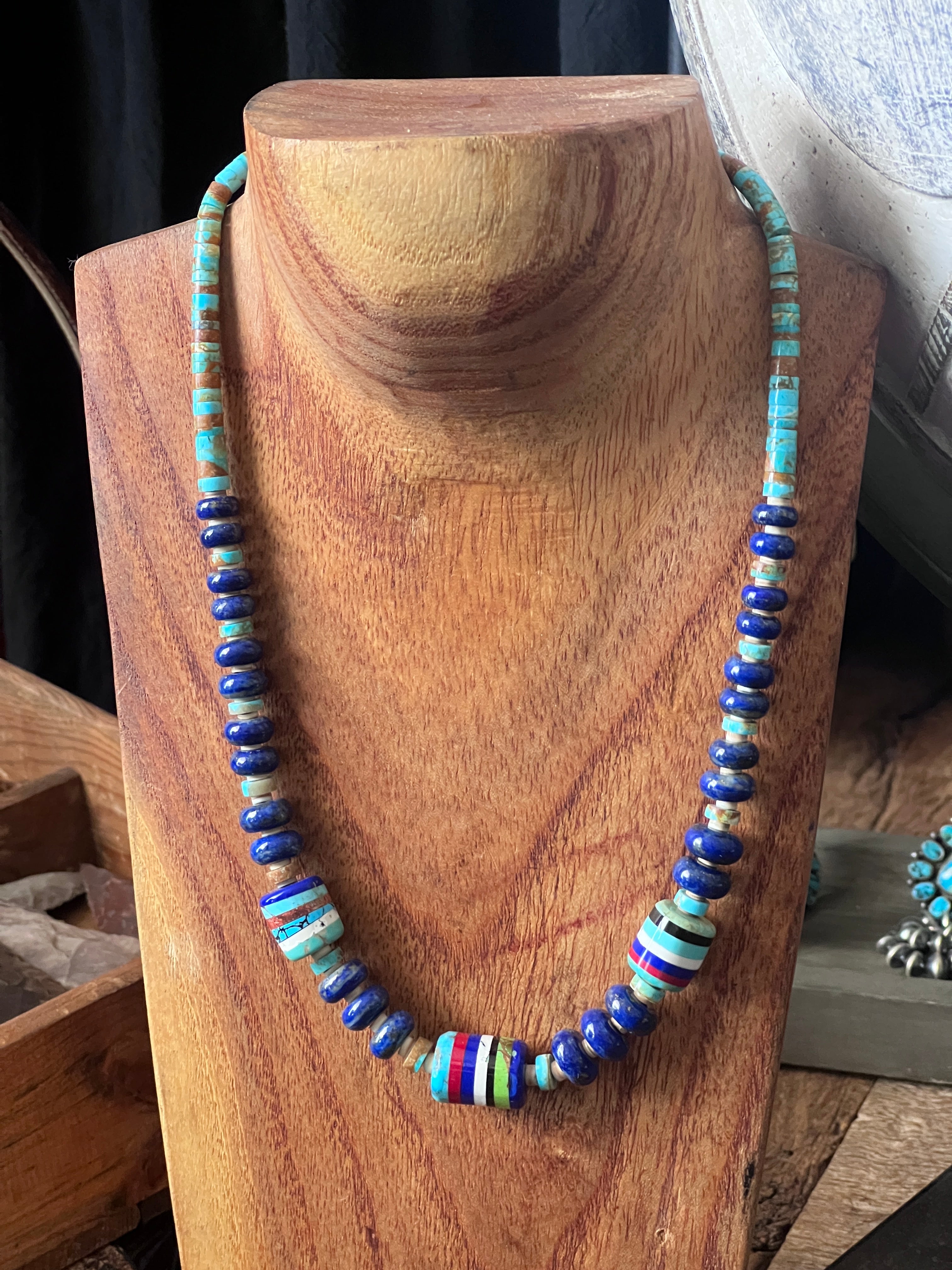 Ronald Chavez Handcrafted Multistone Beaded Santo Domingo Necklace with Lapis Rondelles