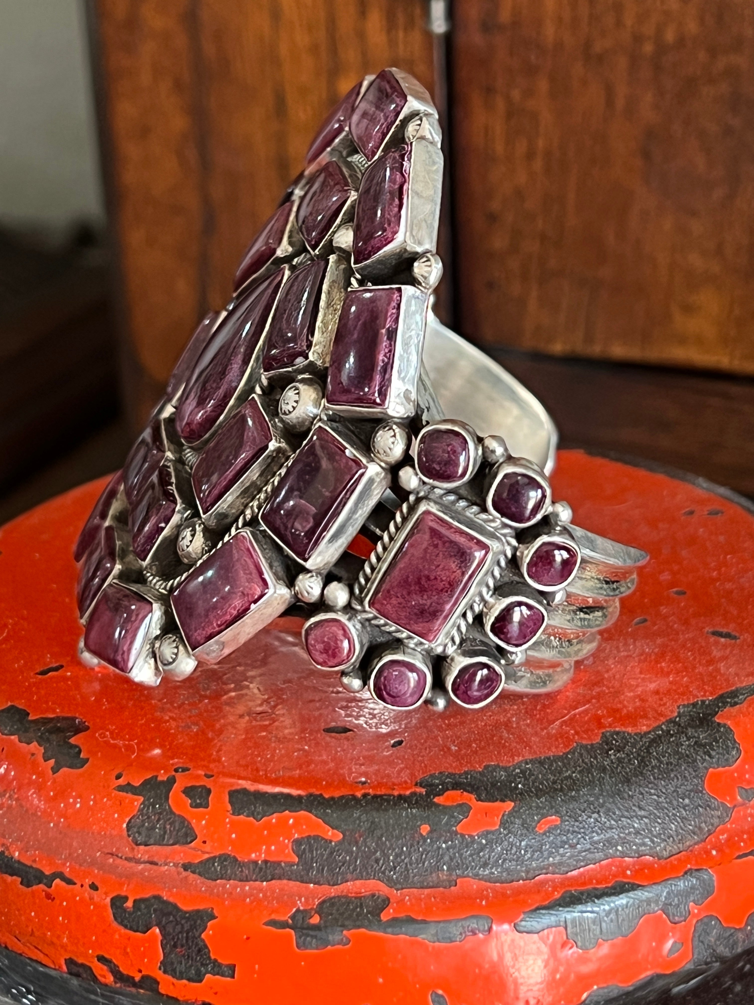 Handcrafted Sterling Silver and Purple Spiny Oyster Cuff Bracelet by Tyler Brown /