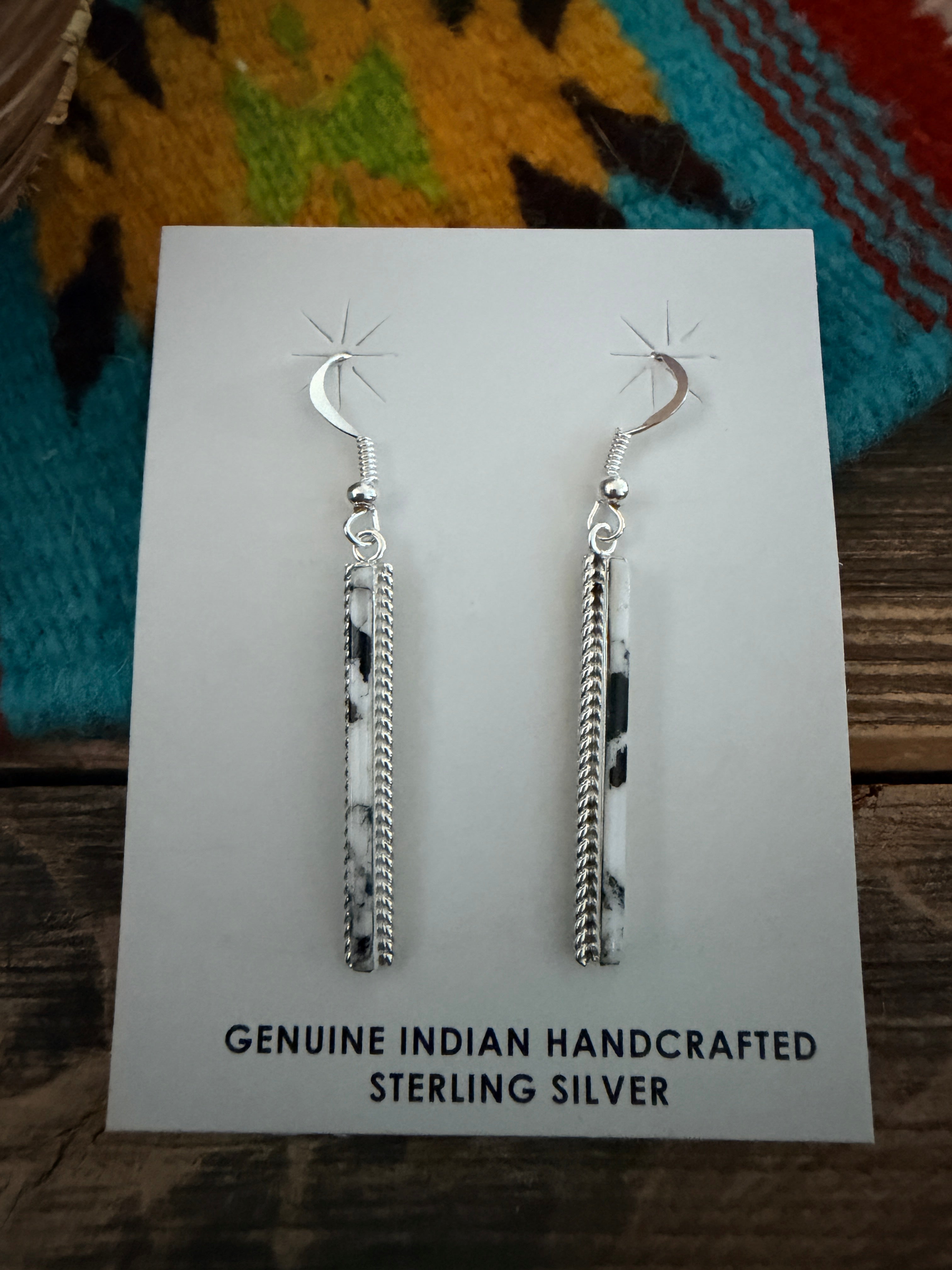 Handcrafted White Buffalo & Sterling Silver Inlay Dangle Earrings by Allen Barney