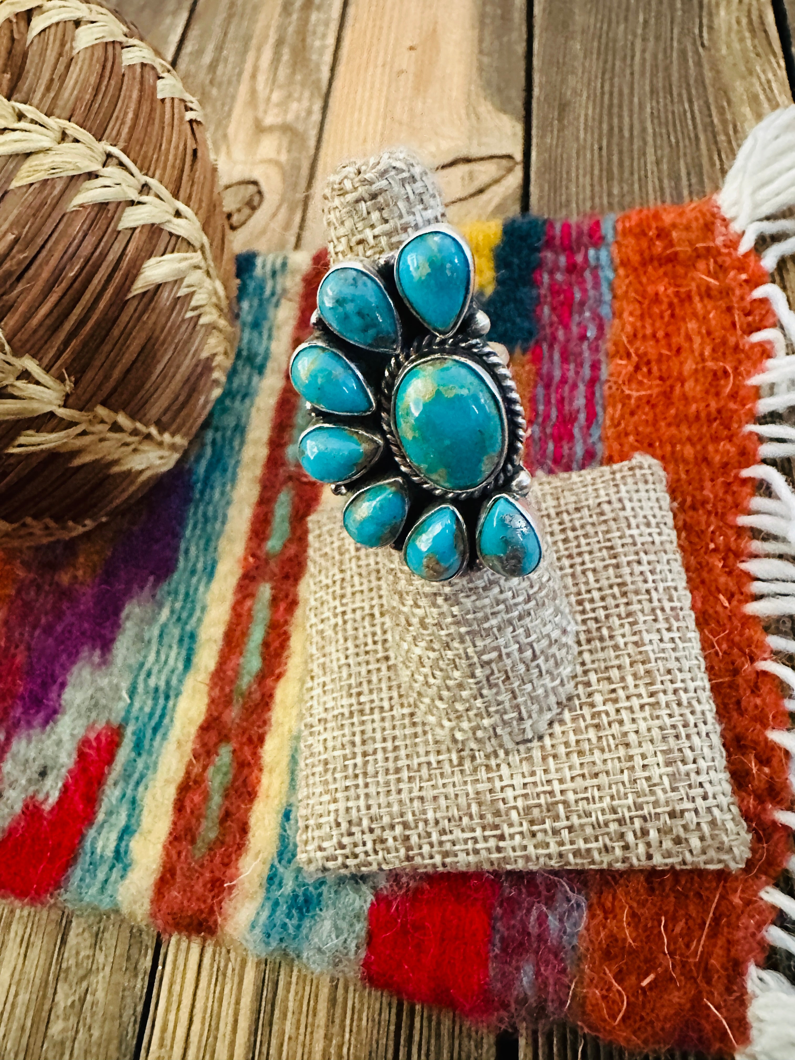 Handcrafted Turquoise & Sterling Silver Adjustable Cluster Ring by Elouise Richards
