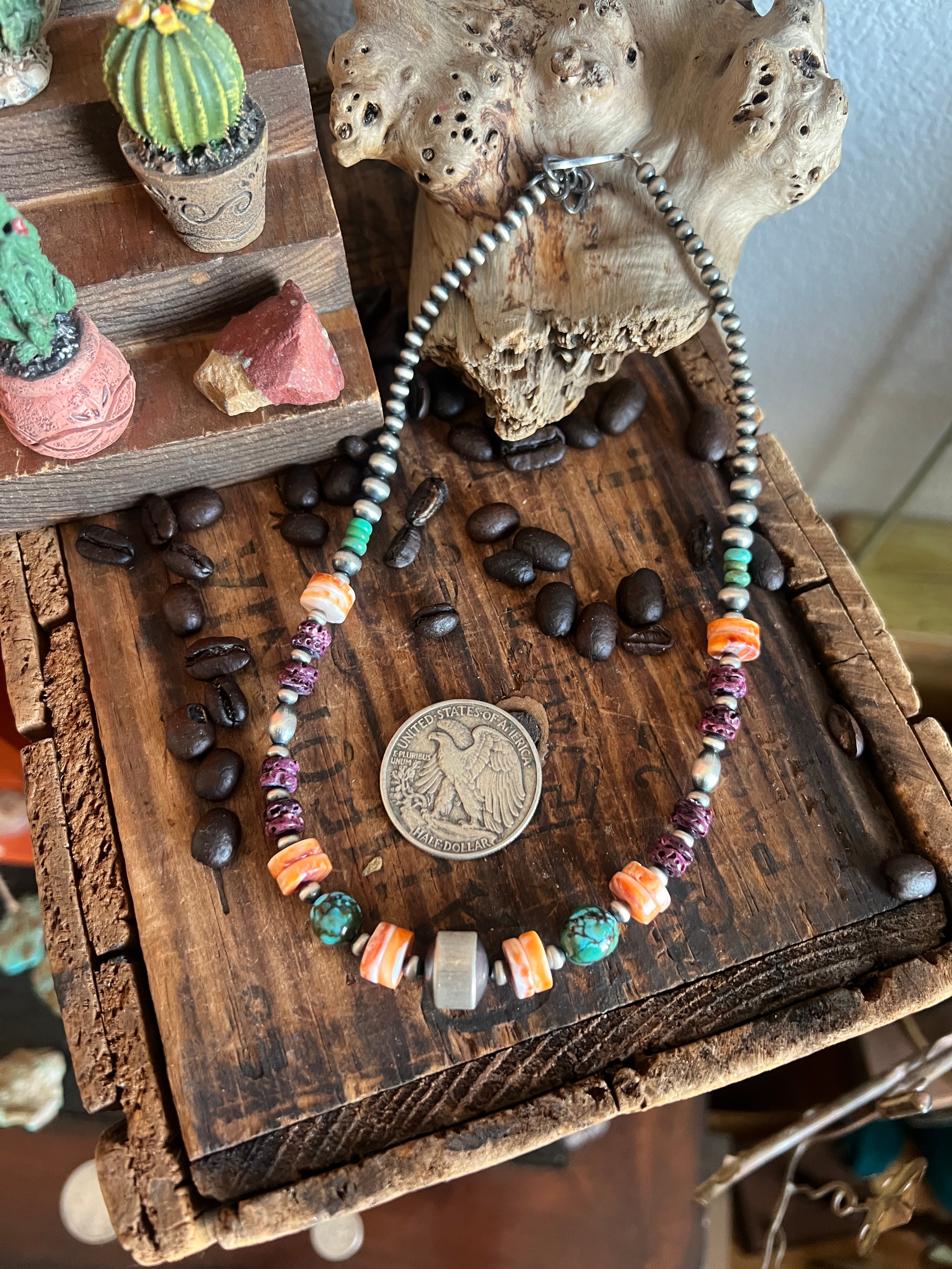 Handcrafted Sterling Silver, Kingman Turquoise and Spiny Oyster Shell Electric Rainbow Beaded Necklace, 16” + 2”