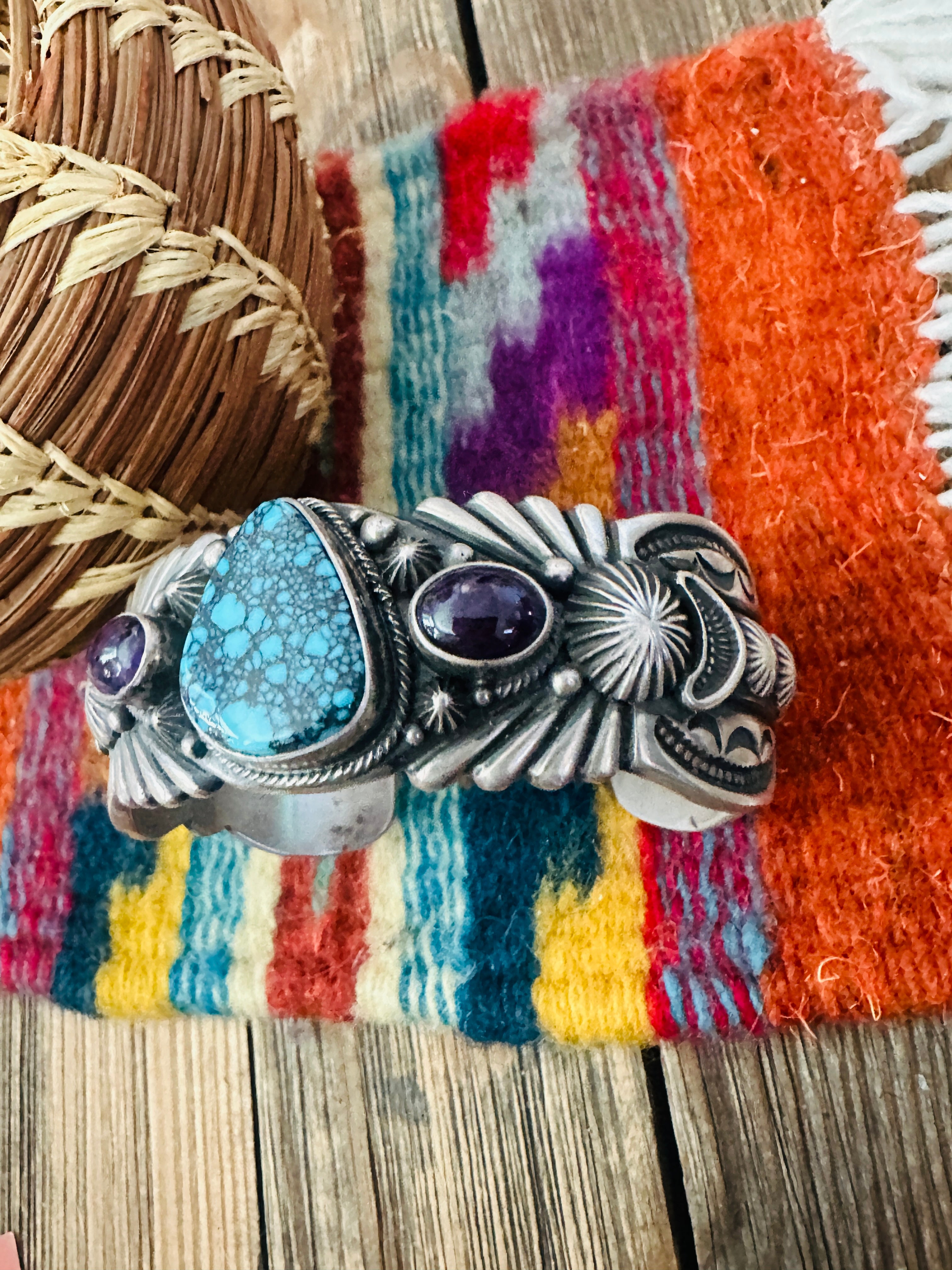 Handcrafted Turquoise, Sugilite & Sterling Silver Cuff Bracelet