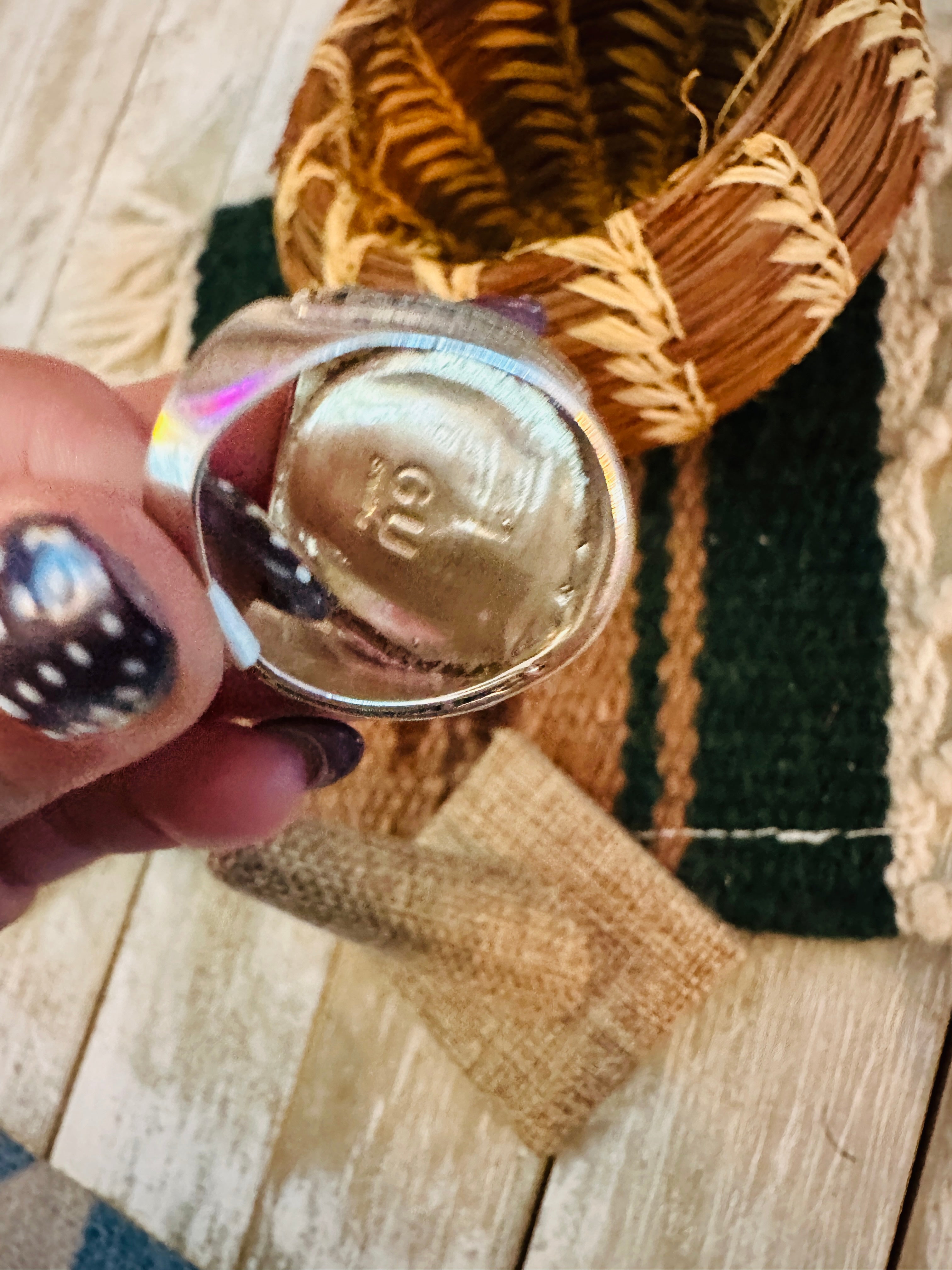 Old Pawn Handcrafted Turquoise & Sterling Silver Ring Size 9.5