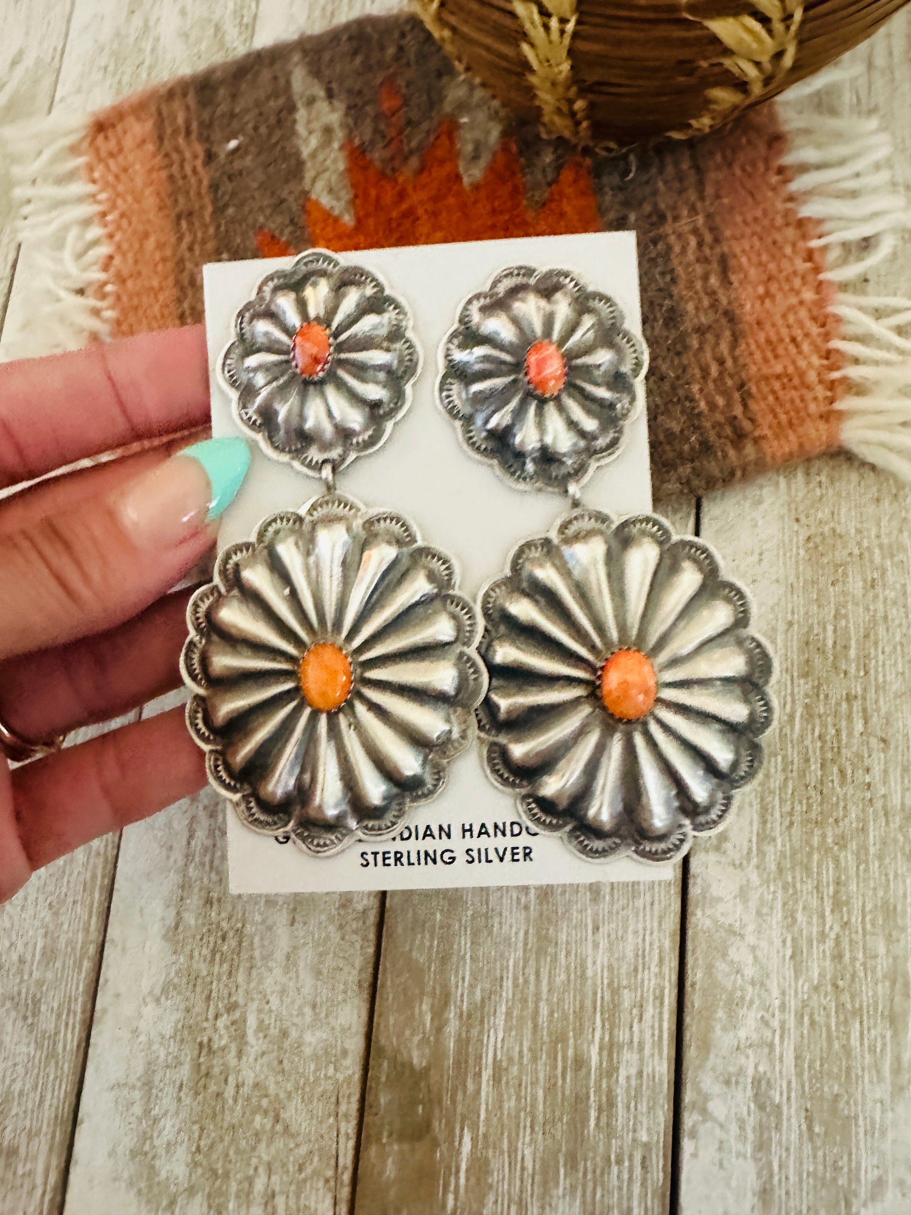 Handcrafted Orange Spiny and Sterling Silver Concho Dangle Earrings