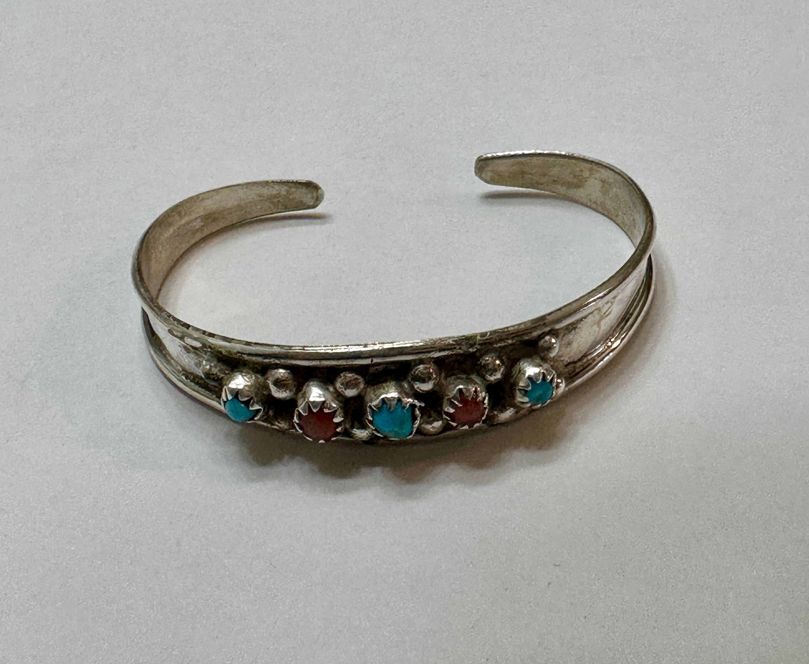 Handcrafted Turquoise, Coral, Sterling Silver Child Cuff Bracelet