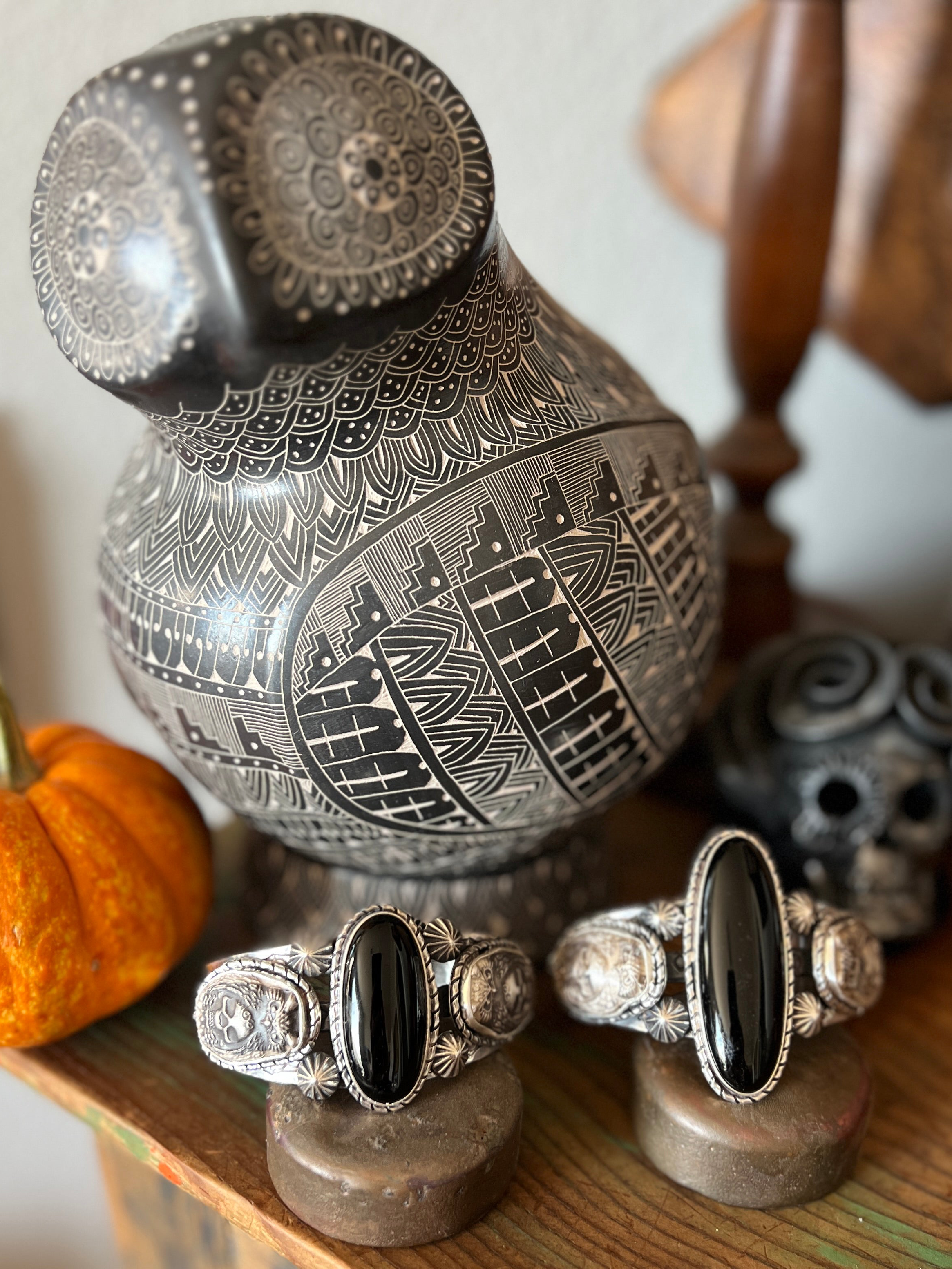 Sterling Silver Handcrafted Cuff Bracelet with Onyx, Owl and Skull Detail, Taller Stone