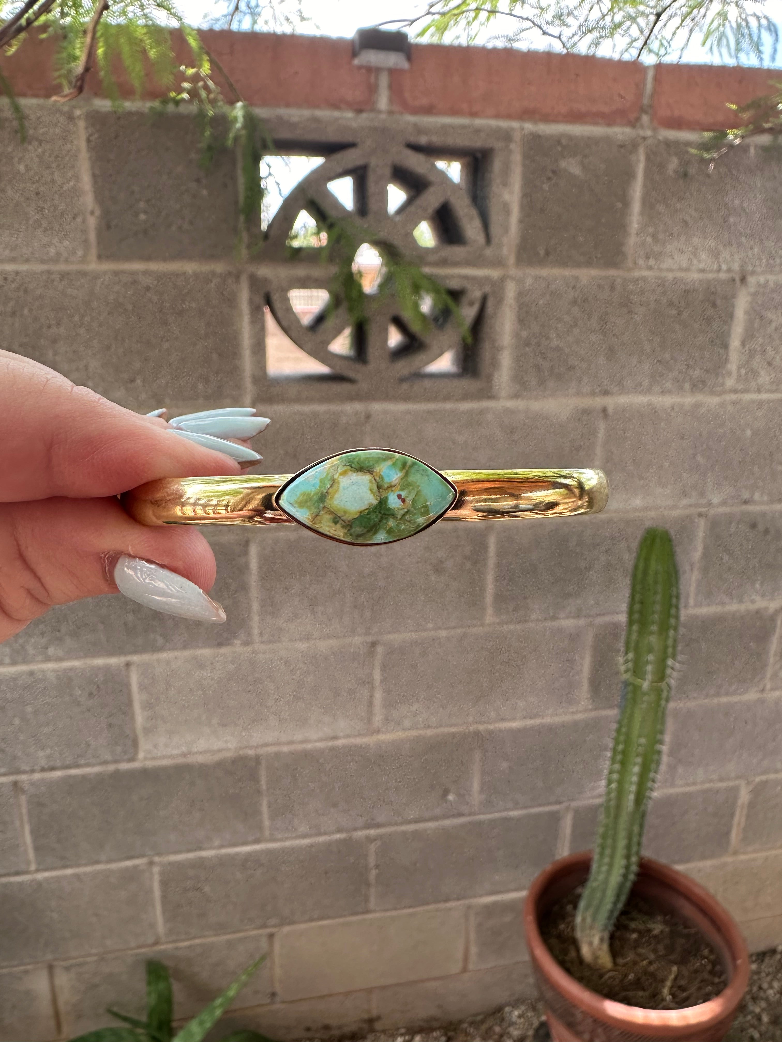 “The Golden Collection” Desert Winds Handmade Natural Sonoran Turquoise 14k Gold Plated Adjustable Bracelet Cuff Style 2