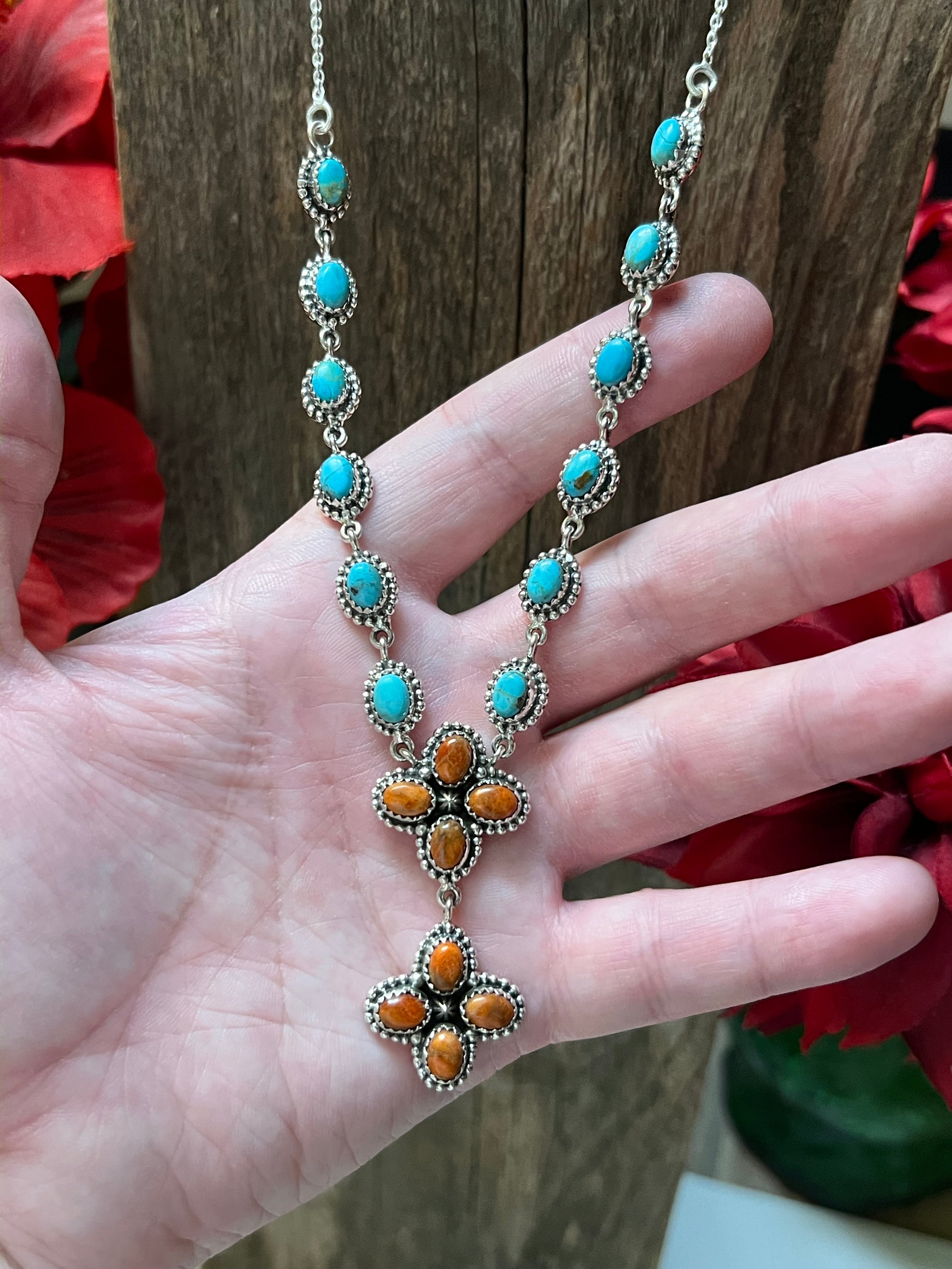 Handmade Sterling Silver, South Hill Turquoise & Spiny Orange Lariat Necklace