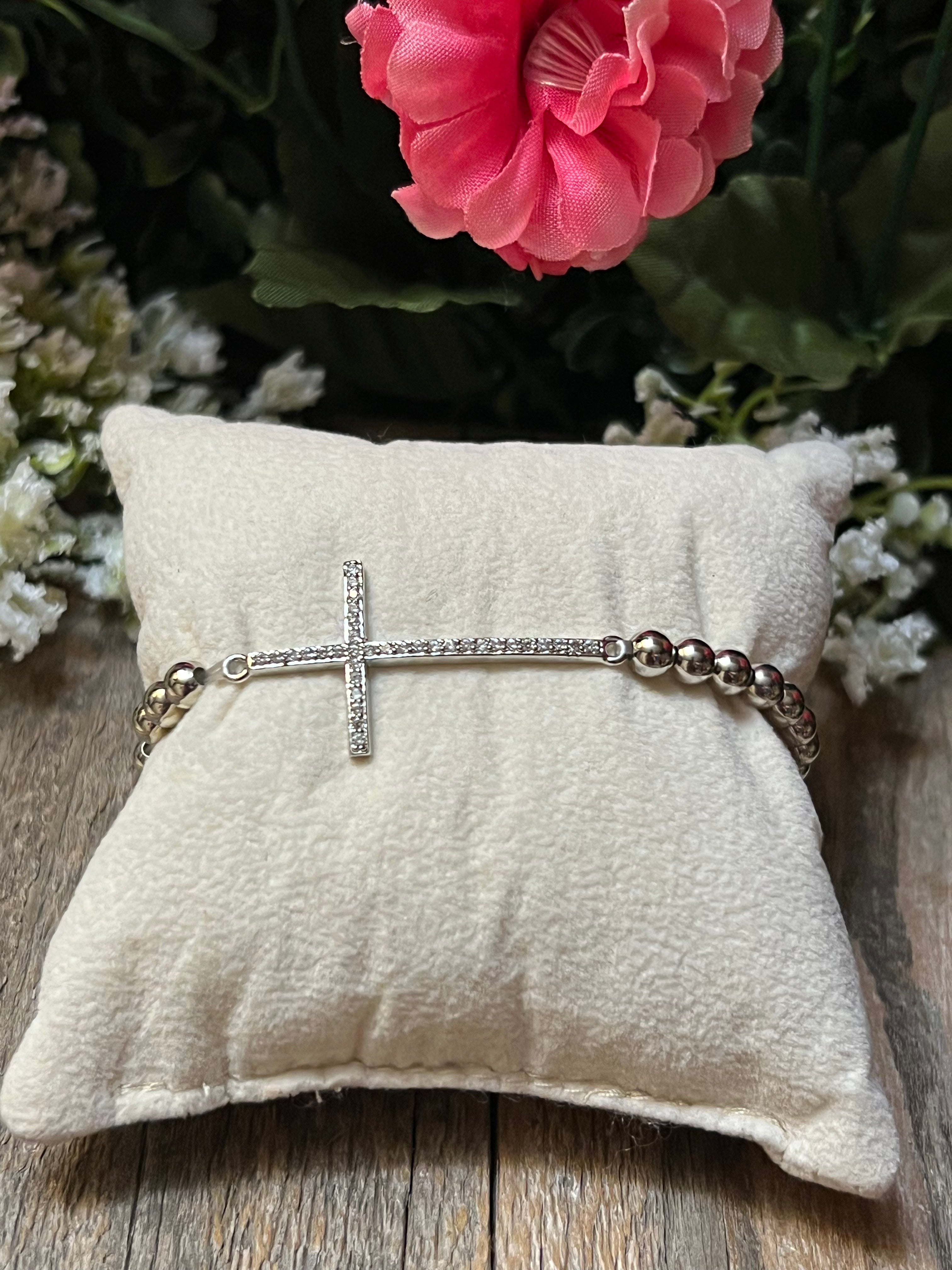 Silver Plated CZ Cross Beaded Bracelet