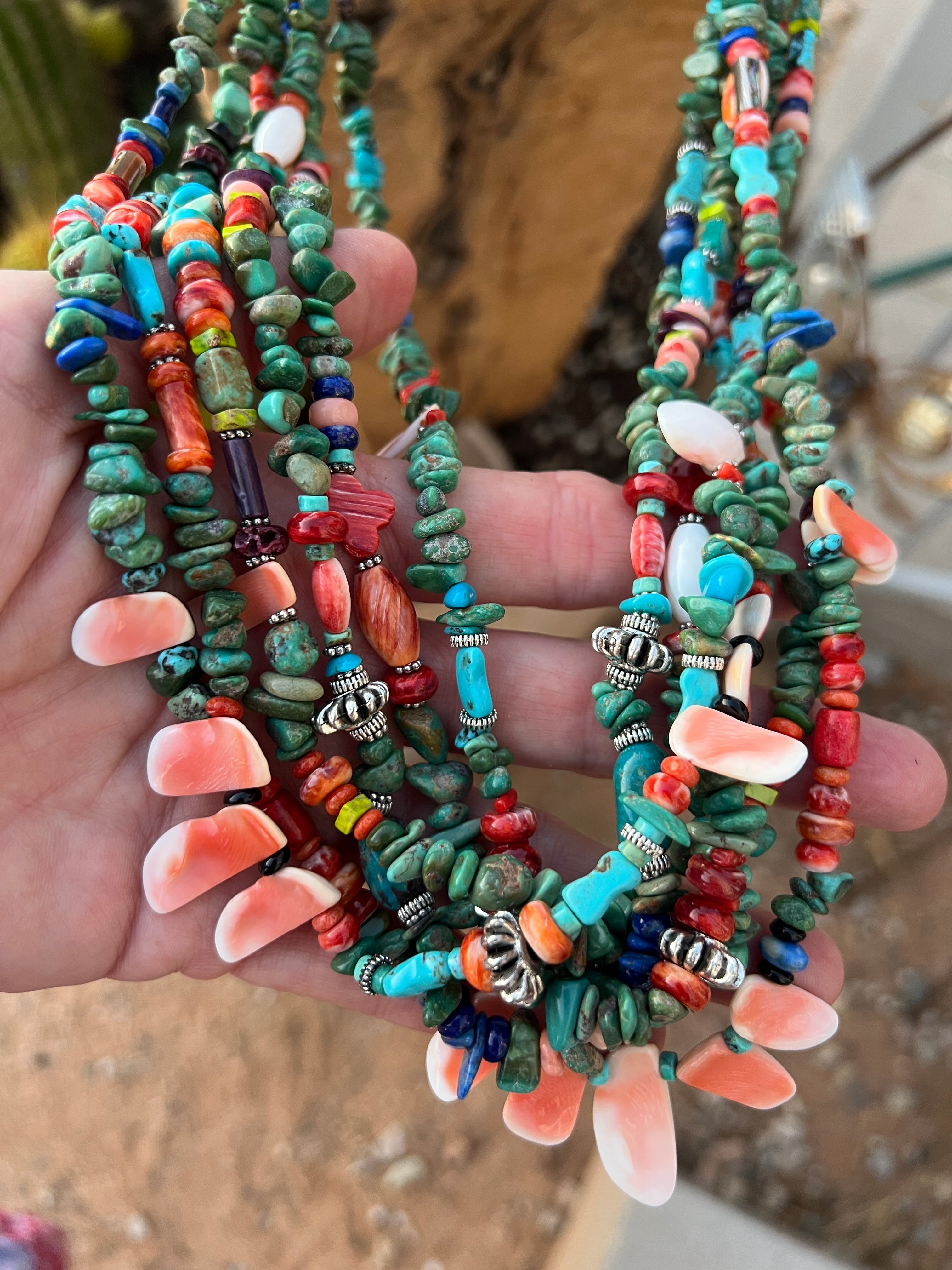 Gorgeous Santo Domingo Made Six Strand Turquoise and Spiny Oyster Beaded Squaw Wrap Necklace, Green