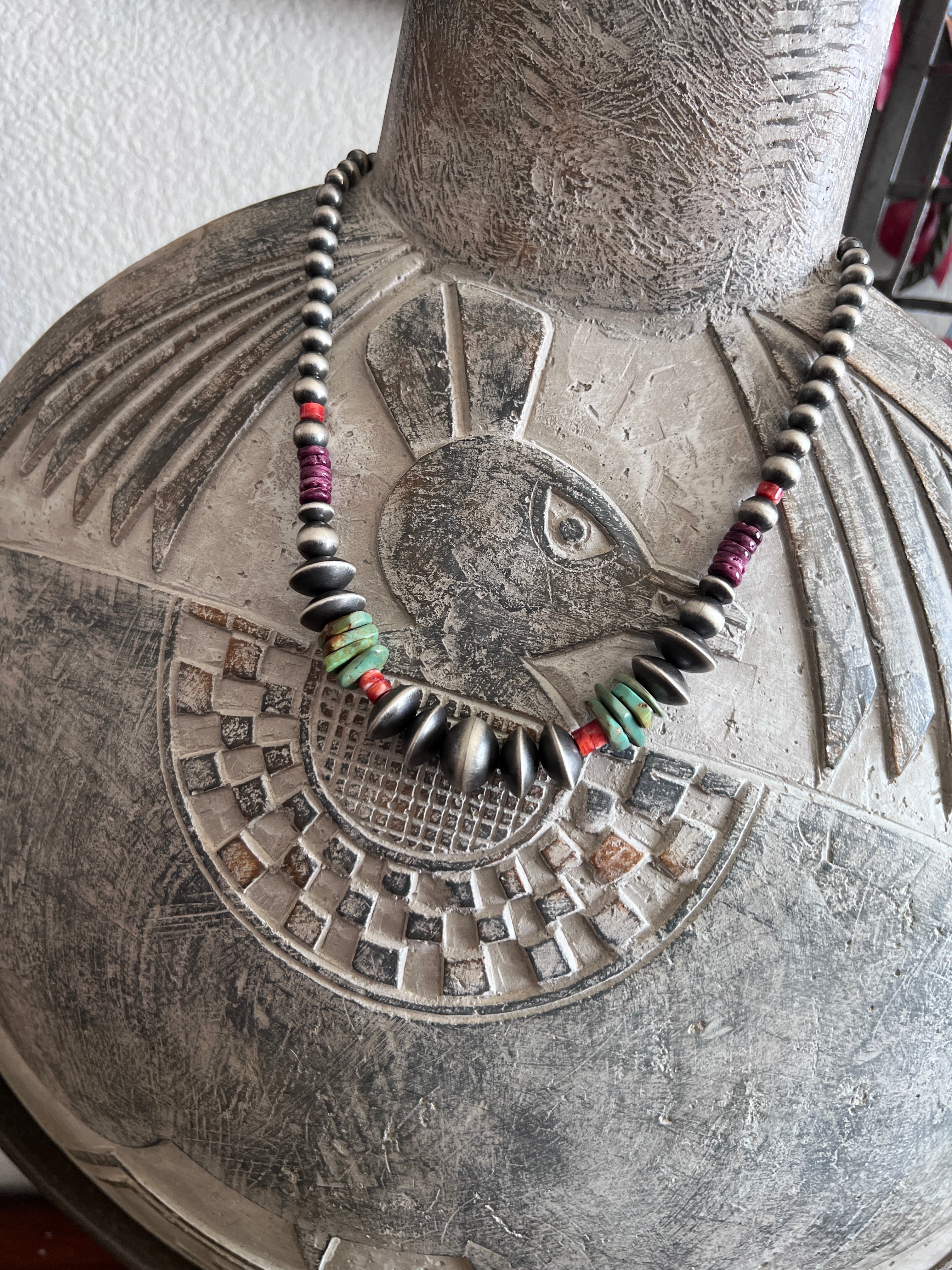 Rose Martin Sterling Silver, Turquoise and Spiny Oyster Single Strand Beaded Necklace, 18 + 1-1/2 inches