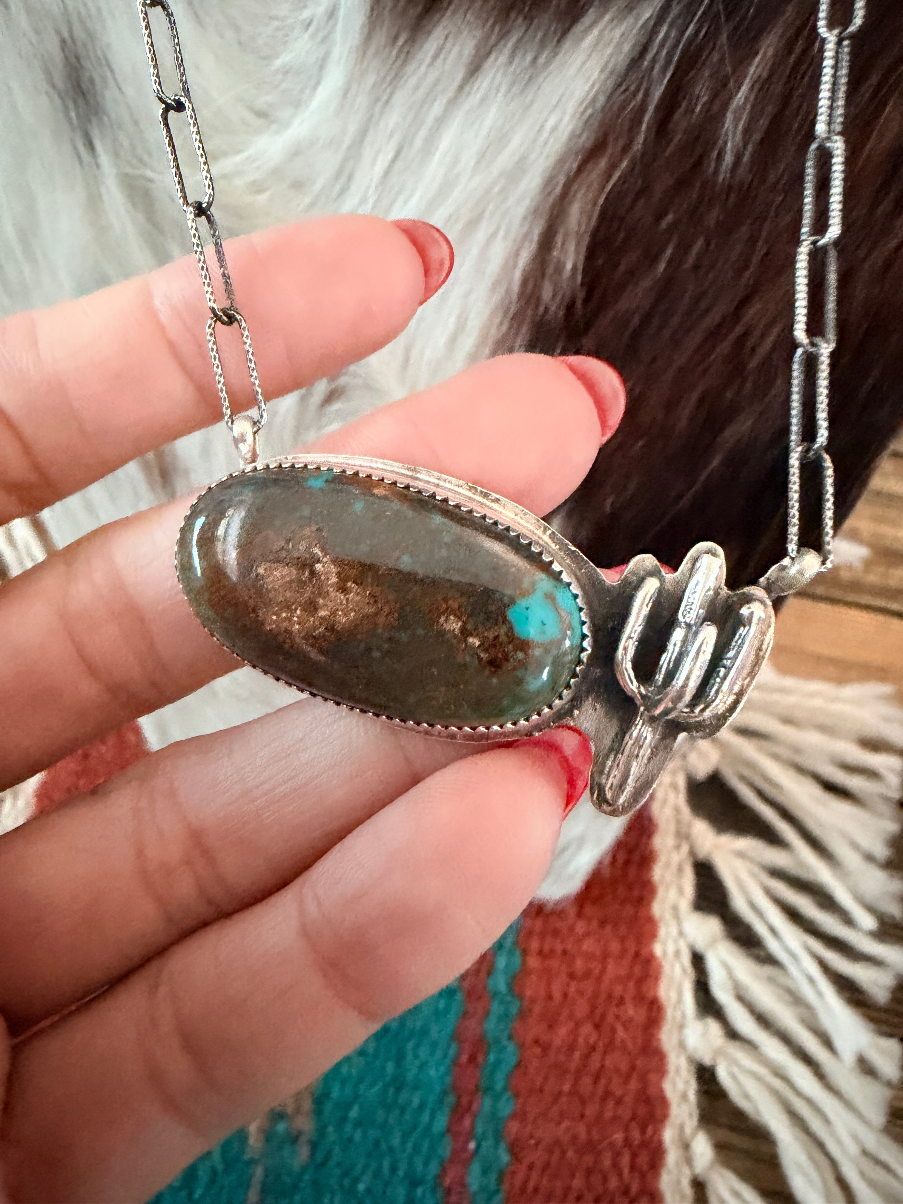 Handmade Sterling Silver & Royston Turquoise Cactus Necklace