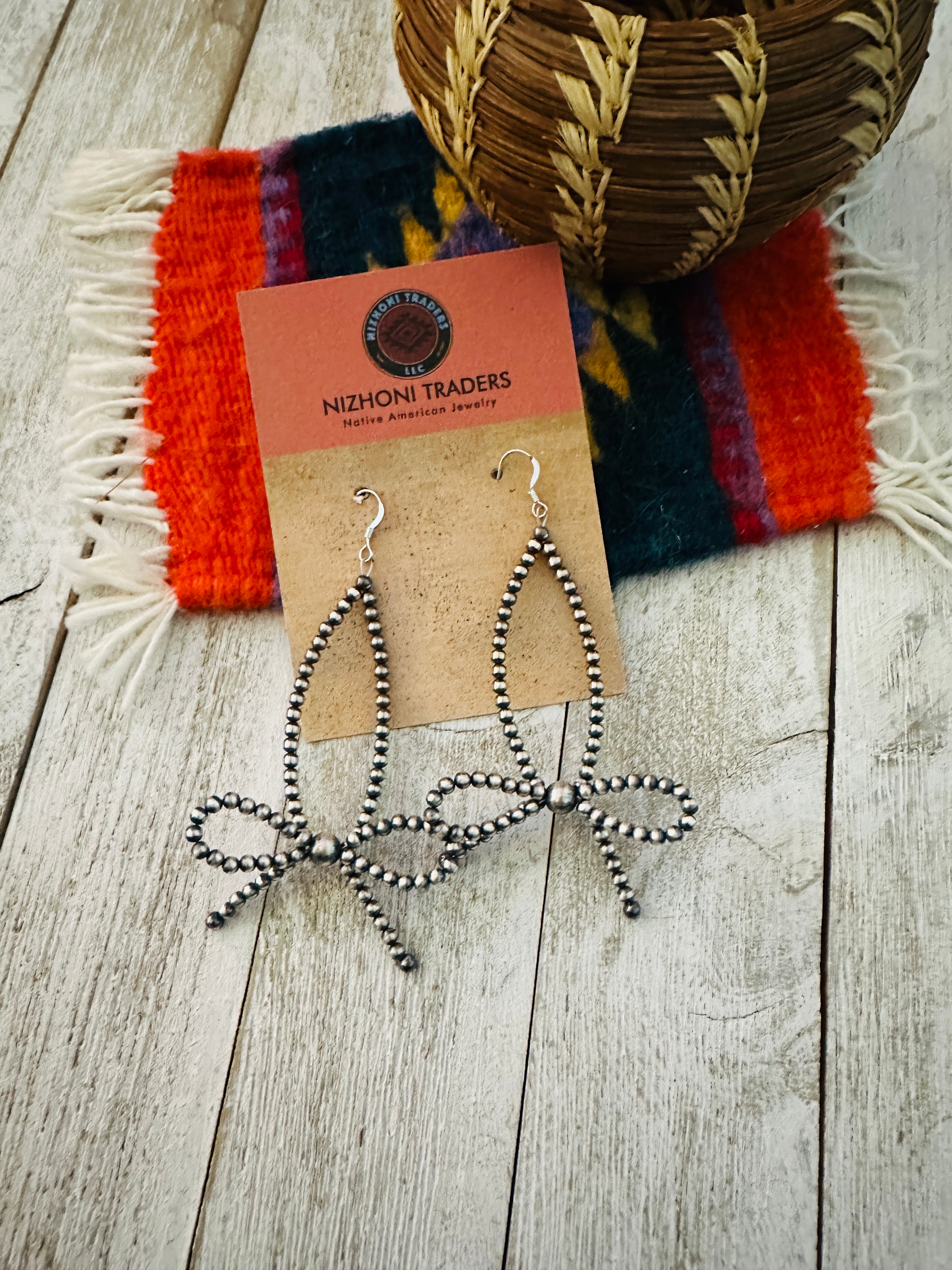 Handcrafted Sterling Silver Pearl Beaded Bow Dangle Hoop Earrings